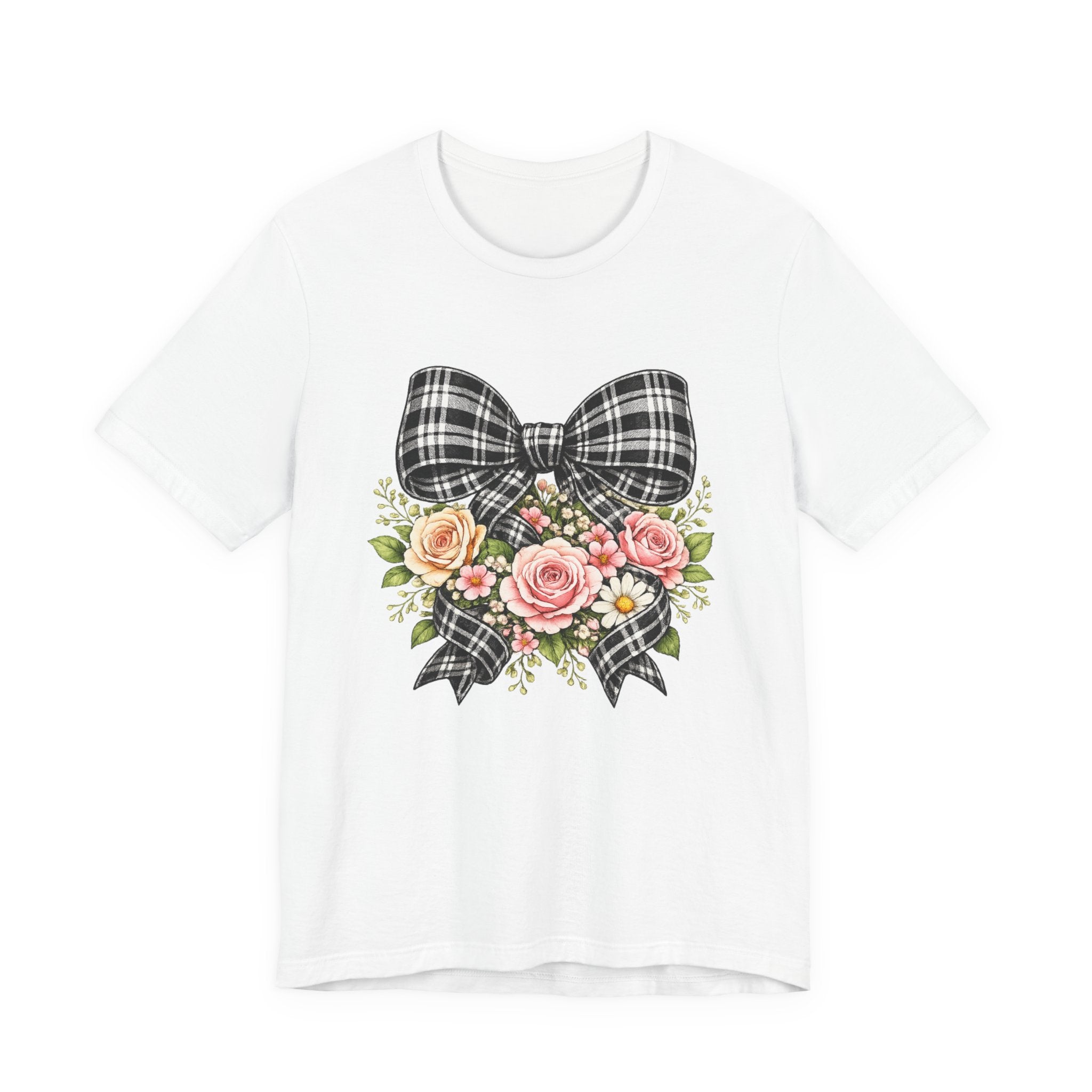 Floral Plaid Bow T‑Shirt — Vintage Rose Bouquet Graphic Tee