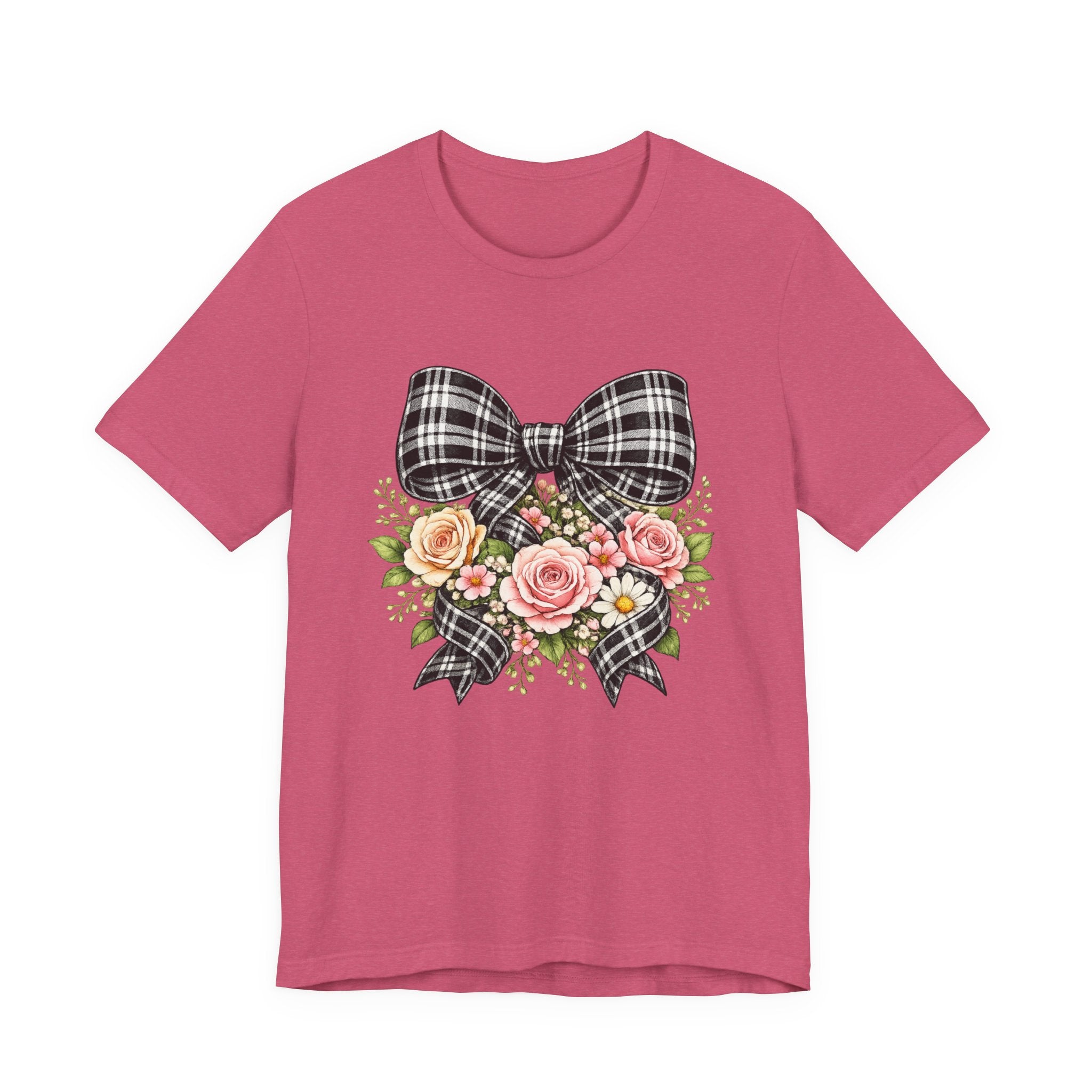 Floral Plaid Bow T‑Shirt — Vintage Rose Bouquet Graphic Tee