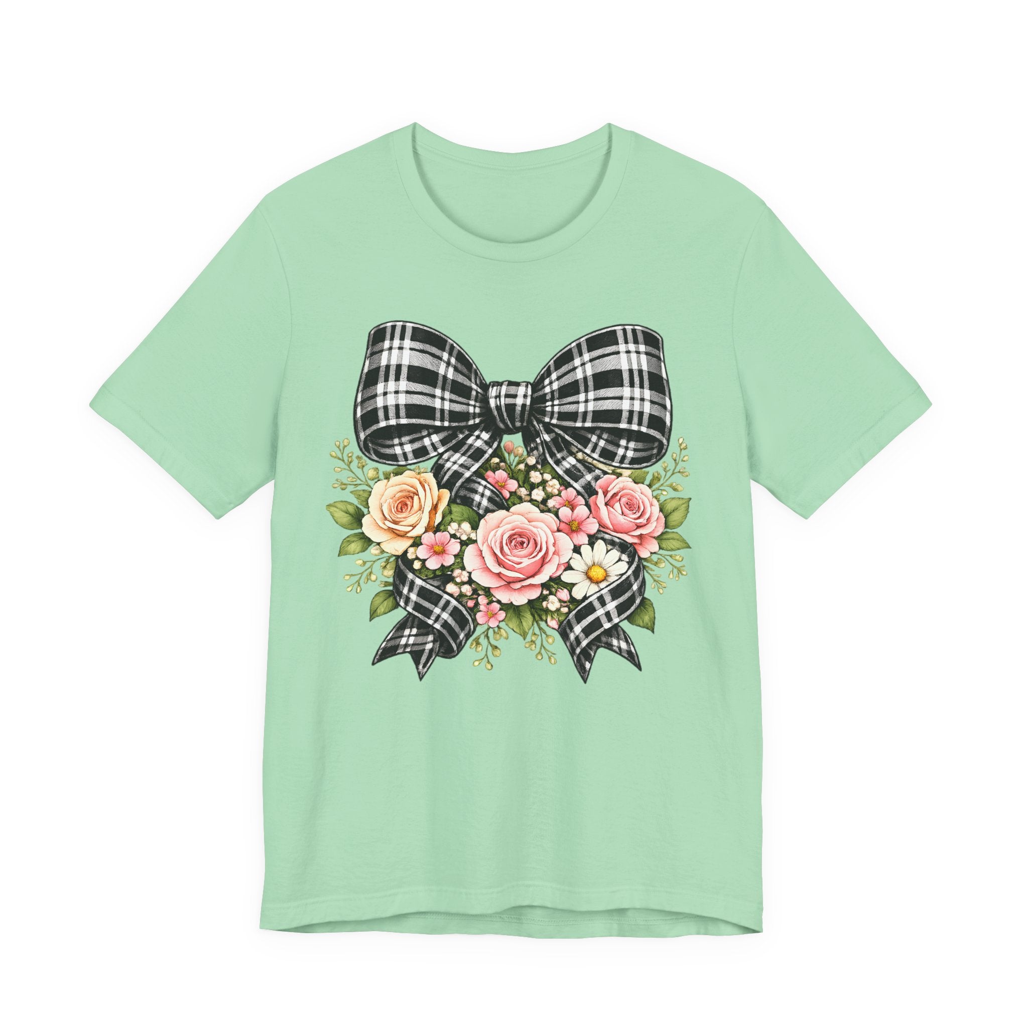 Floral Plaid Bow T‑Shirt — Vintage Rose Bouquet Graphic Tee