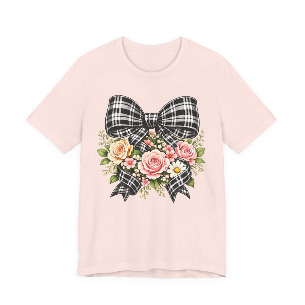 Floral Plaid Bow T‑Shirt — Vintage Rose Bouquet Graphic Tee