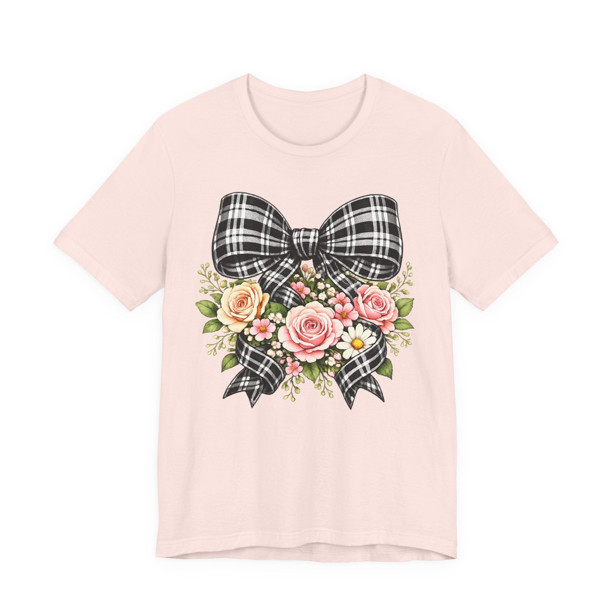 Floral Plaid Bow T‑Shirt — Vintage Rose Bouquet Graphic Tee