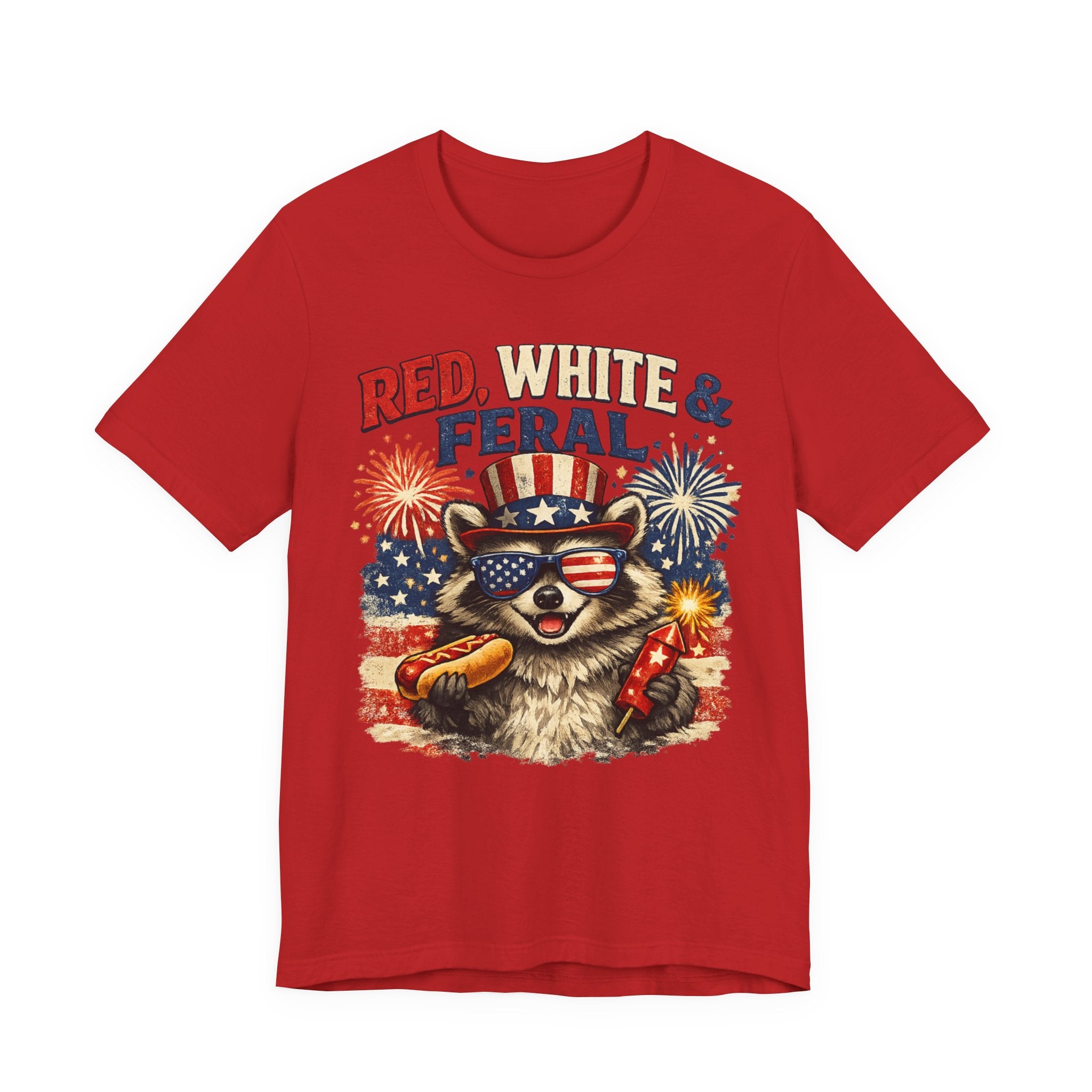 Red, White & Feral Tee — Patriotic Raccoon 4th of July T-Shirt