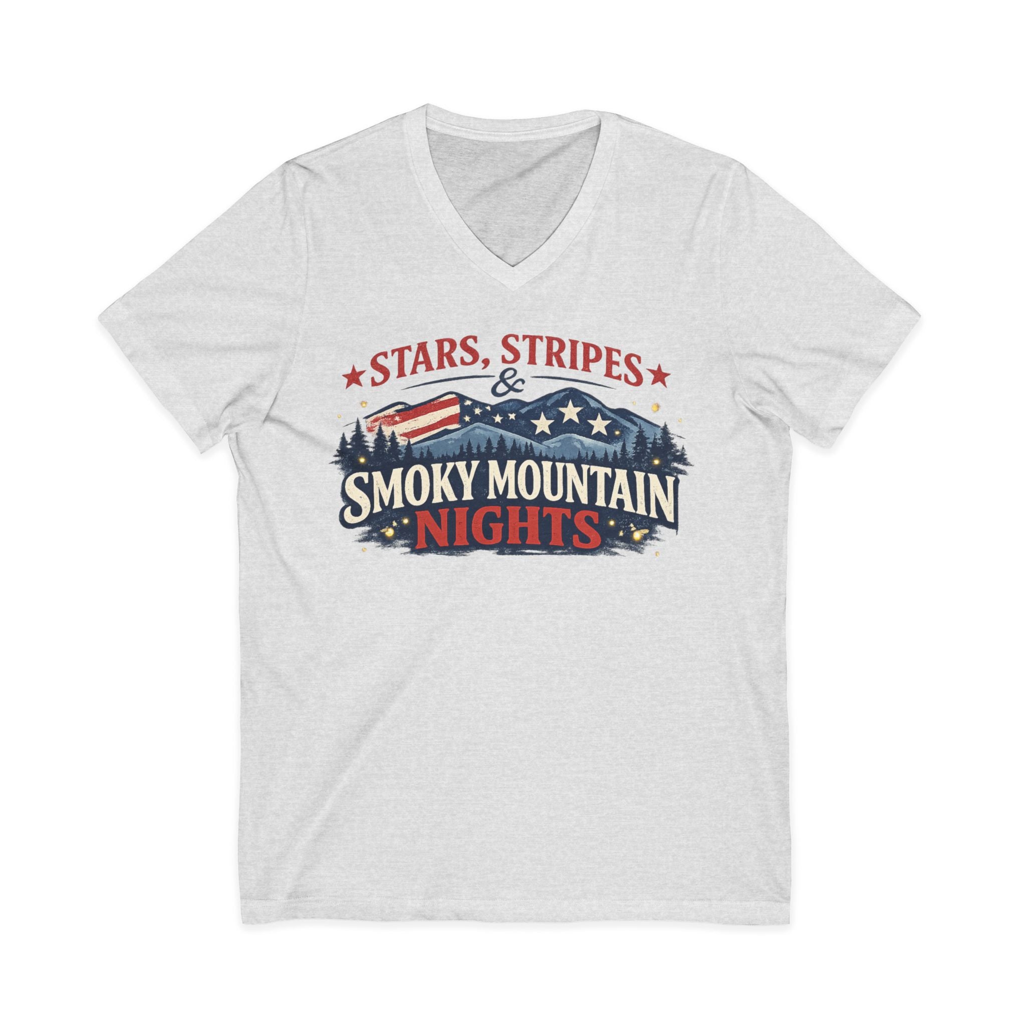 Smoky Mountain Nights V-Neck Tee — Stars, Stripes & Smoky Mountain Design