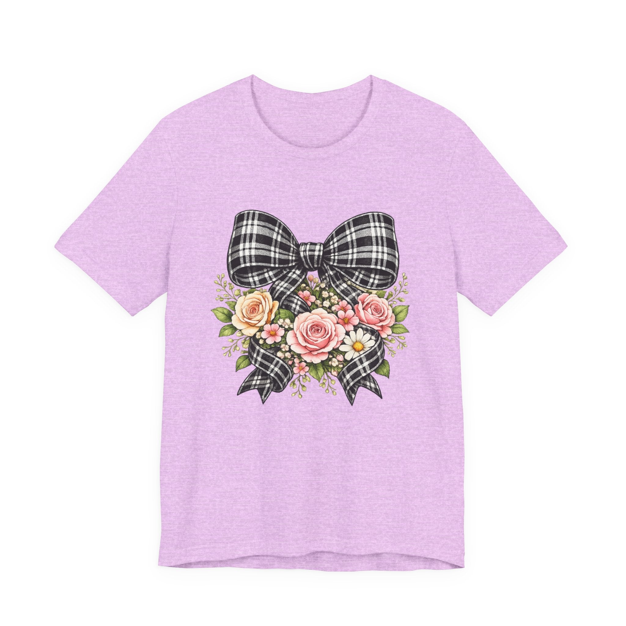 Floral Plaid Bow T‑Shirt — Vintage Rose Bouquet Graphic Tee