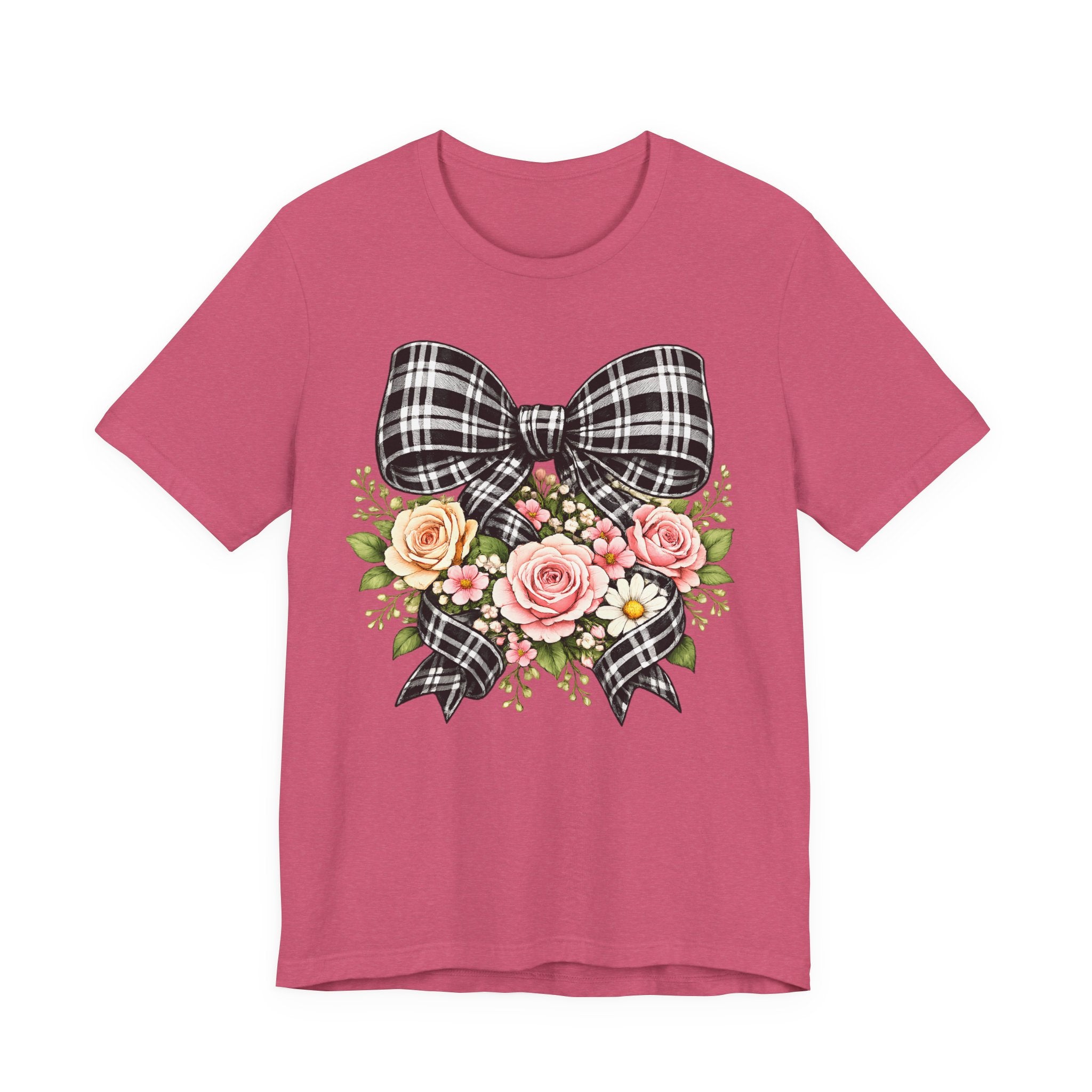 Floral Plaid Bow T‑Shirt — Vintage Rose Bouquet Graphic Tee