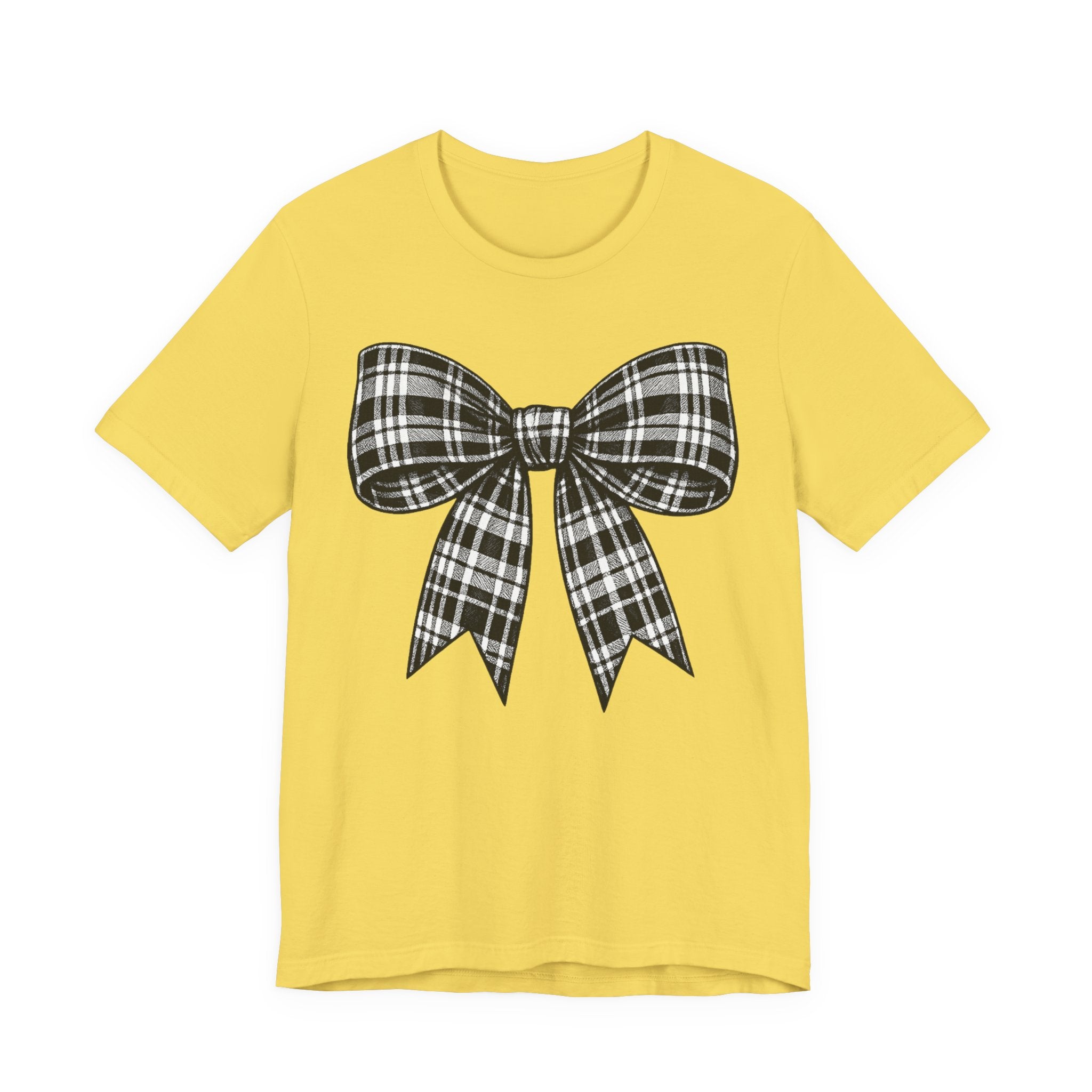 Plaid Bow Graphic Tee — Vintage Black & White Ribbon T-Shirt