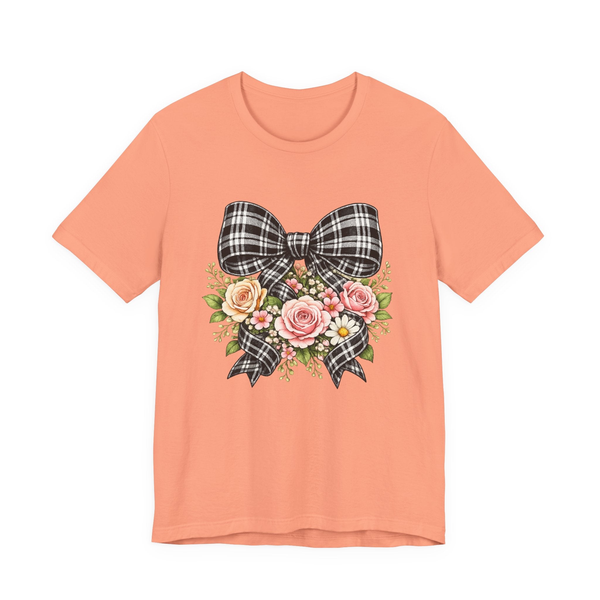 Floral Plaid Bow T‑Shirt — Vintage Rose Bouquet Graphic Tee