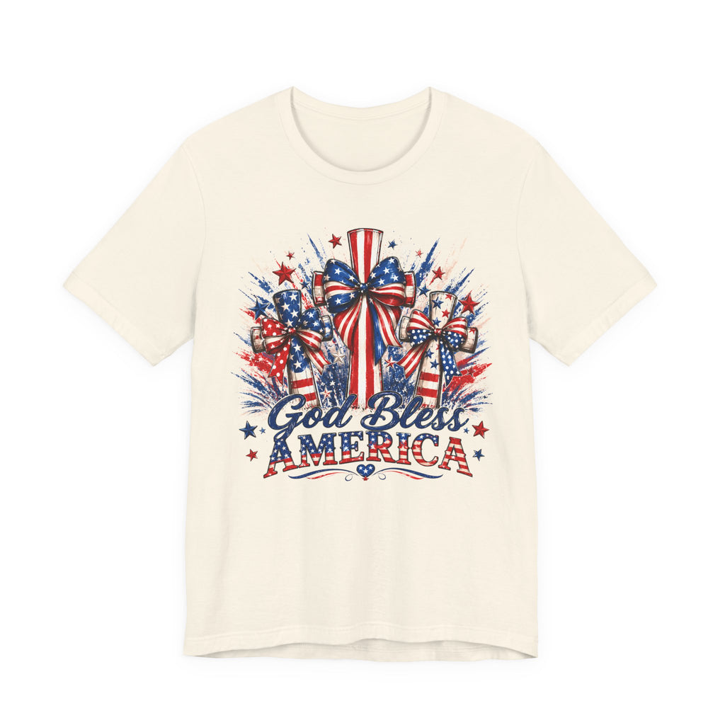 God Bless America T-Shirt — Patriotic 4th of July Tee with Flag Bow Design