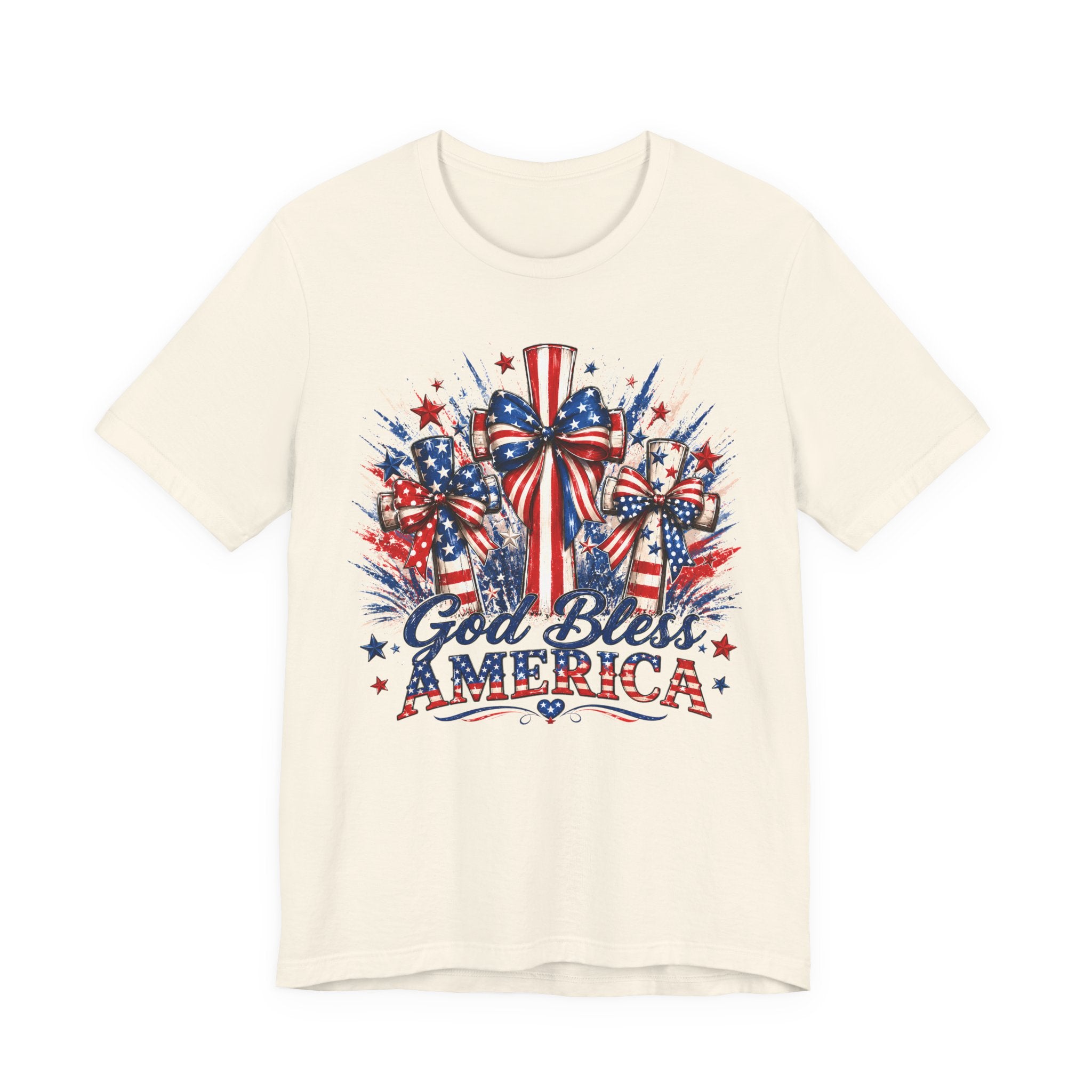 God Bless America T-Shirt — Patriotic 4th of July Tee with Flag Bow Design