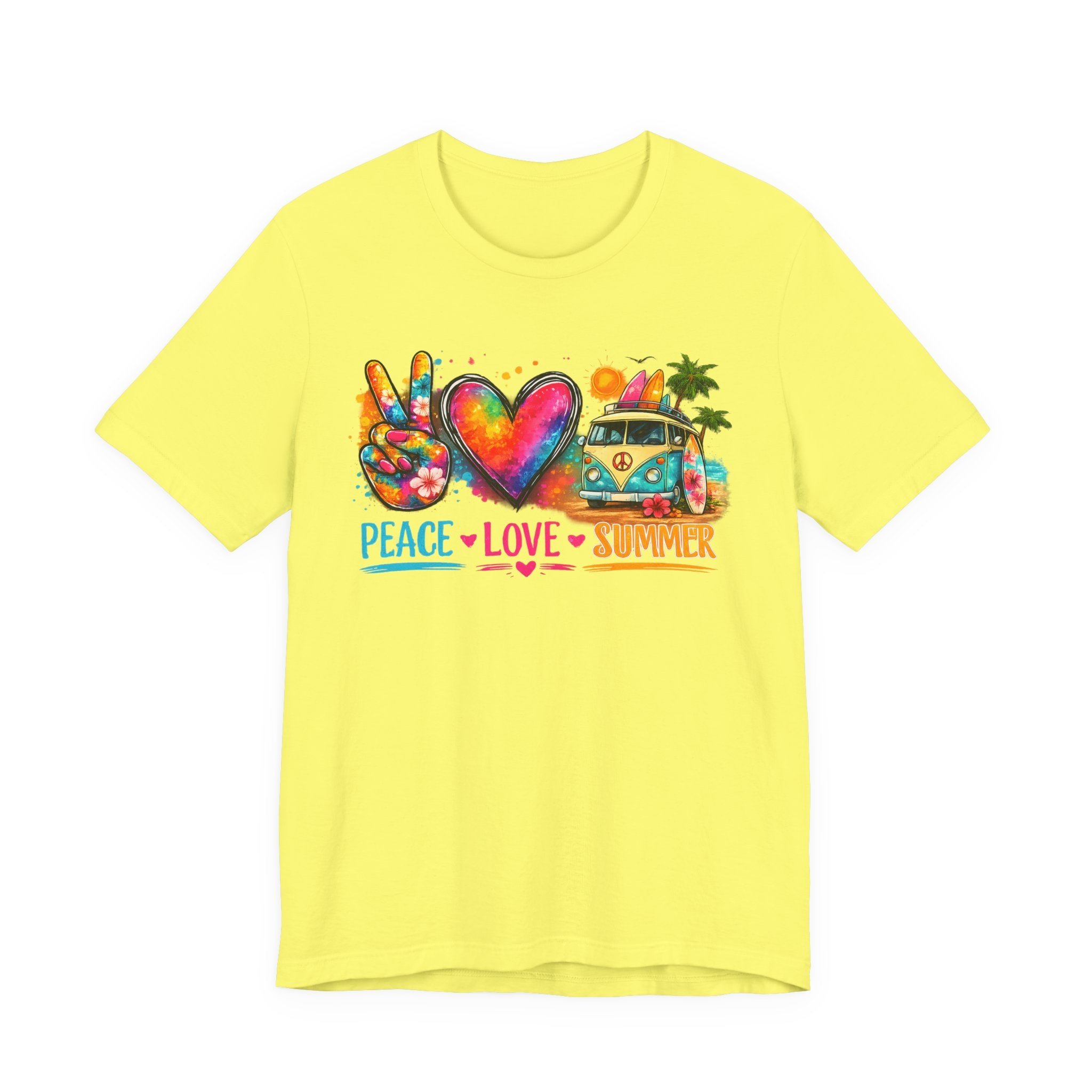 Peace • Love • Summer T-Shirt — Colorful Hippie Van & Peace Sign Tee