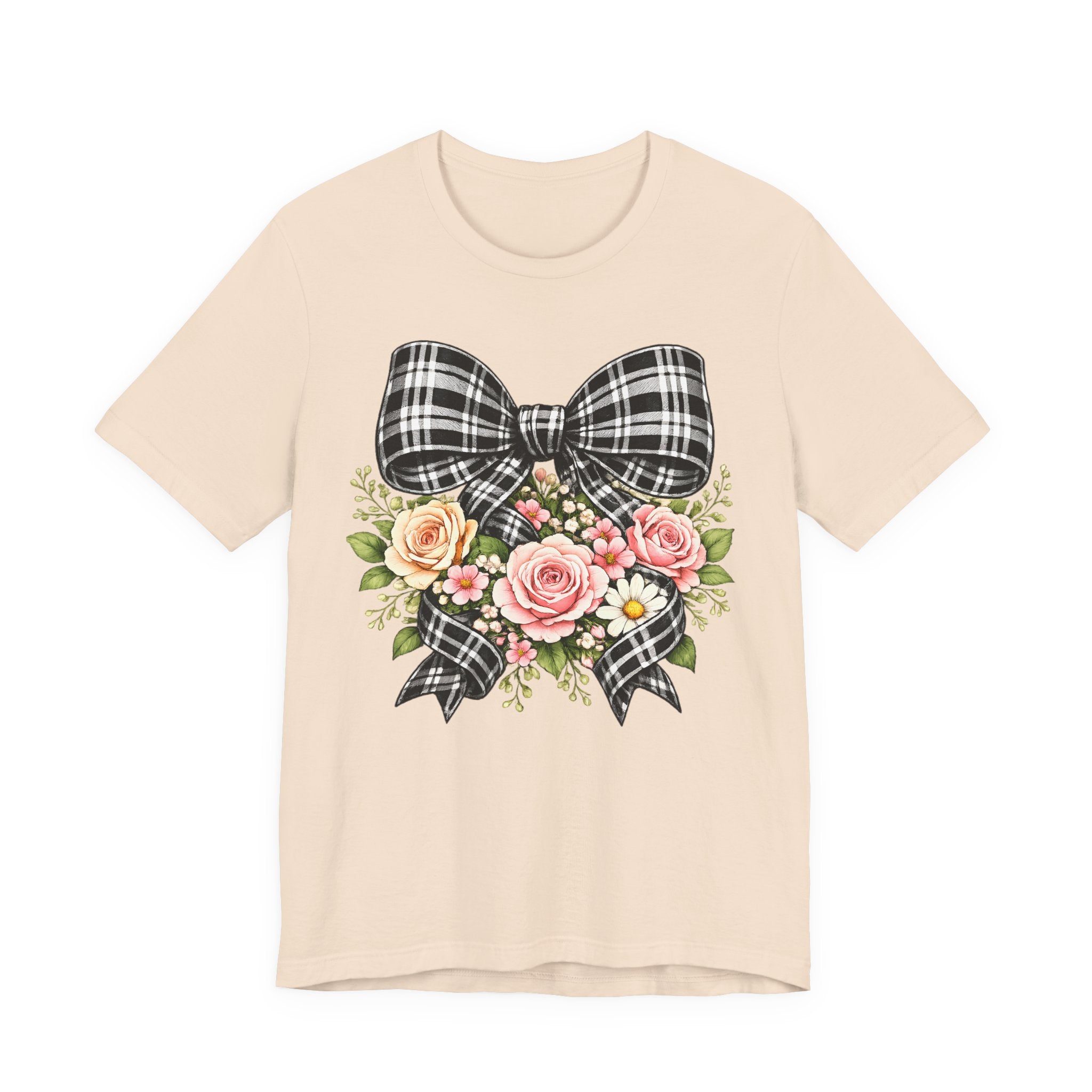 Floral Plaid Bow T‑Shirt — Vintage Rose Bouquet Graphic Tee