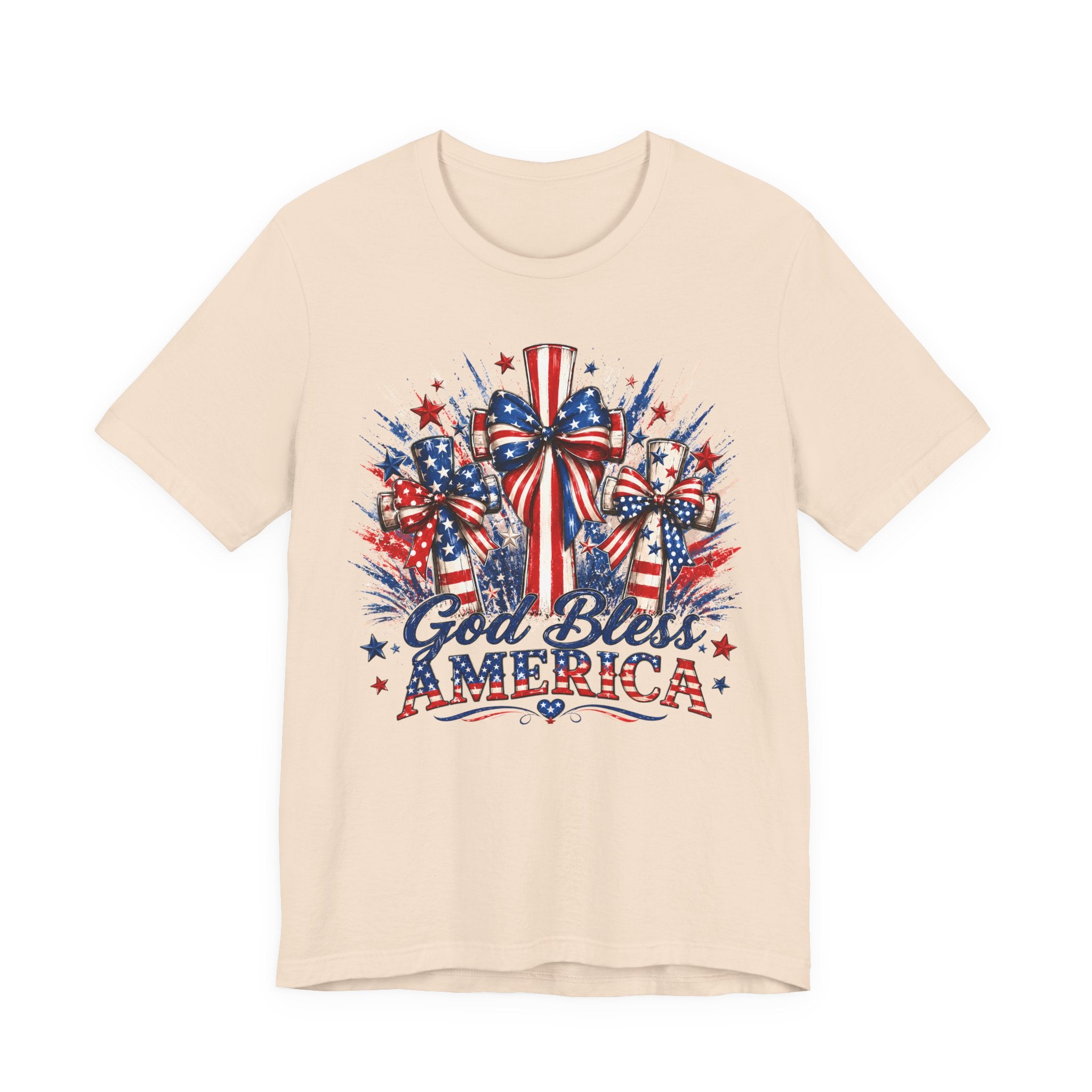 God Bless America T-Shirt — Patriotic 4th of July Tee with Flag Bow Design