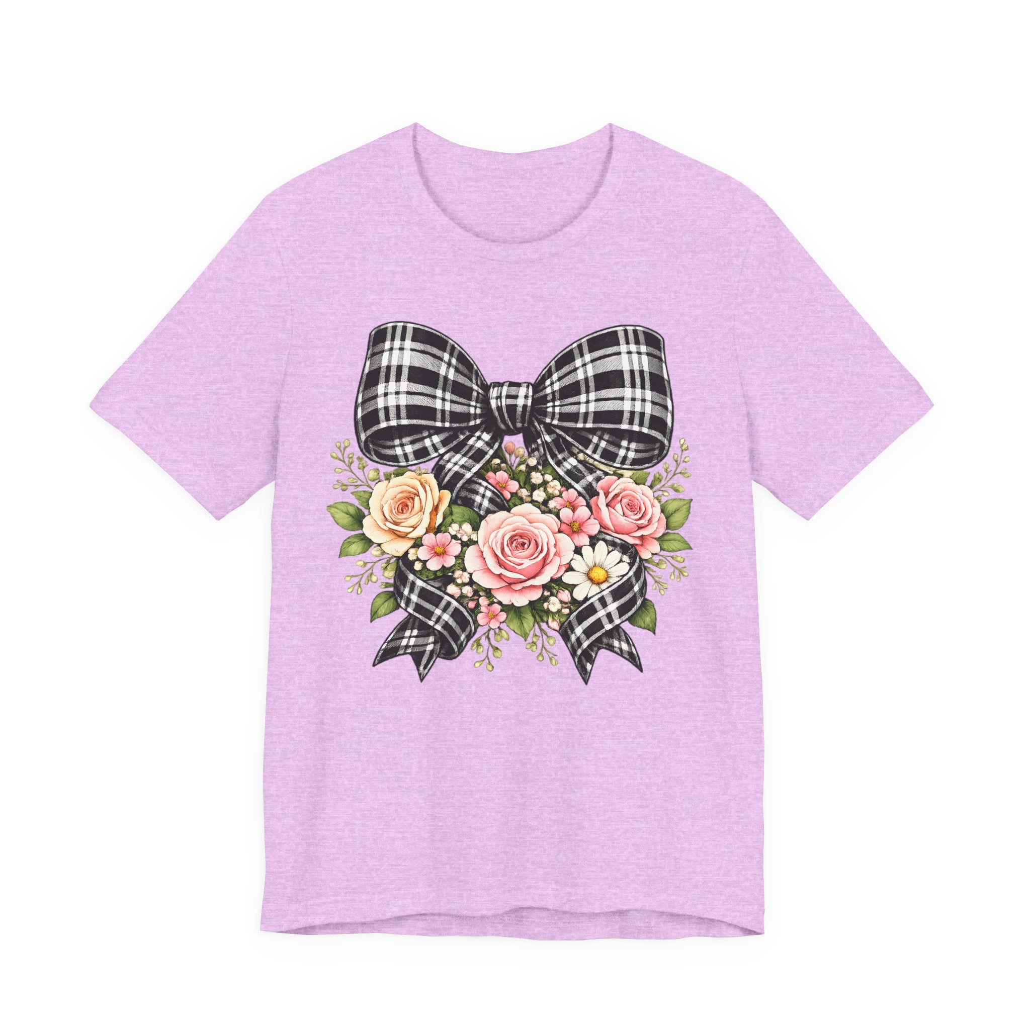Floral Plaid Bow T‑Shirt — Vintage Rose Bouquet Graphic Tee