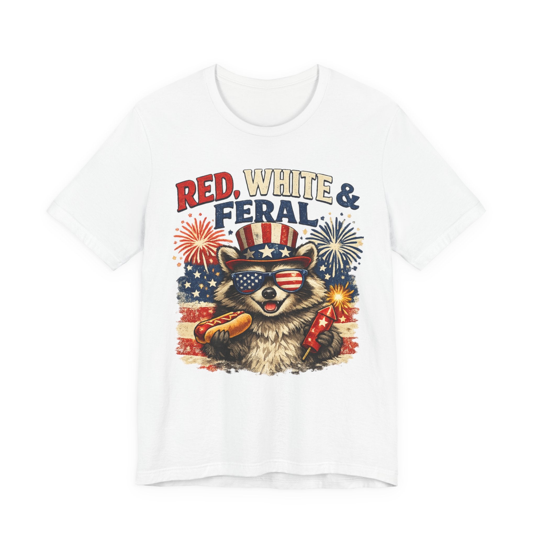 Red, White & Feral Tee — Patriotic Raccoon 4th of July T-Shirt
