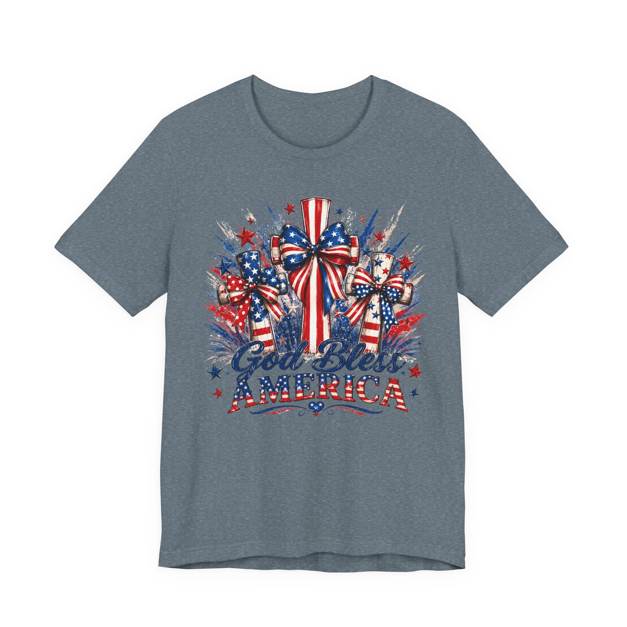 God Bless America T-Shirt — Patriotic 4th of July Tee with Flag Bow Design