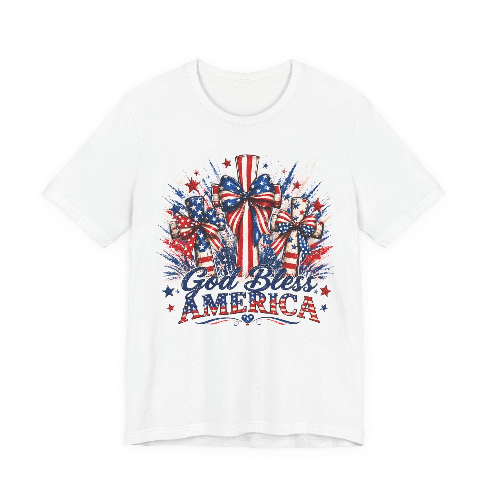 God Bless America T-Shirt — Patriotic 4th of July Tee with Flag Bow Design