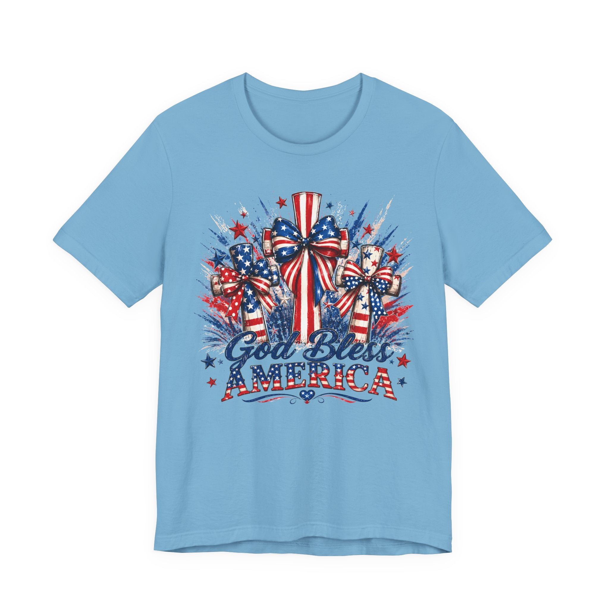 God Bless America T-Shirt — Patriotic 4th of July Tee with Flag Bow Design