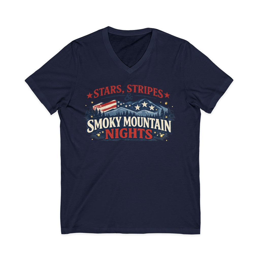 Smoky Mountain Nights V-Neck Tee — Stars, Stripes & Smoky Mountain Design