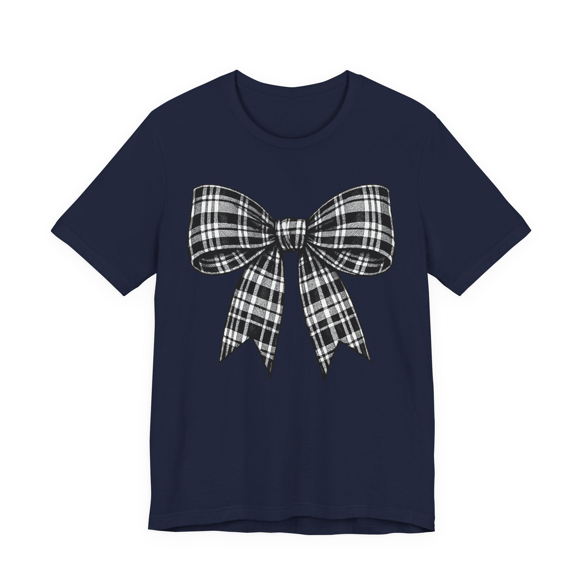 Plaid Bow Graphic Tee — Vintage Black & White Ribbon T-Shirt