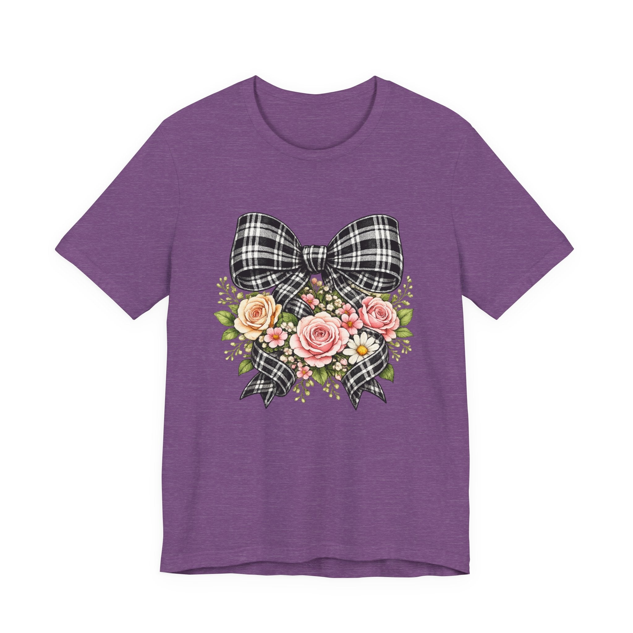 Floral Plaid Bow T‑Shirt — Vintage Rose Bouquet Graphic Tee