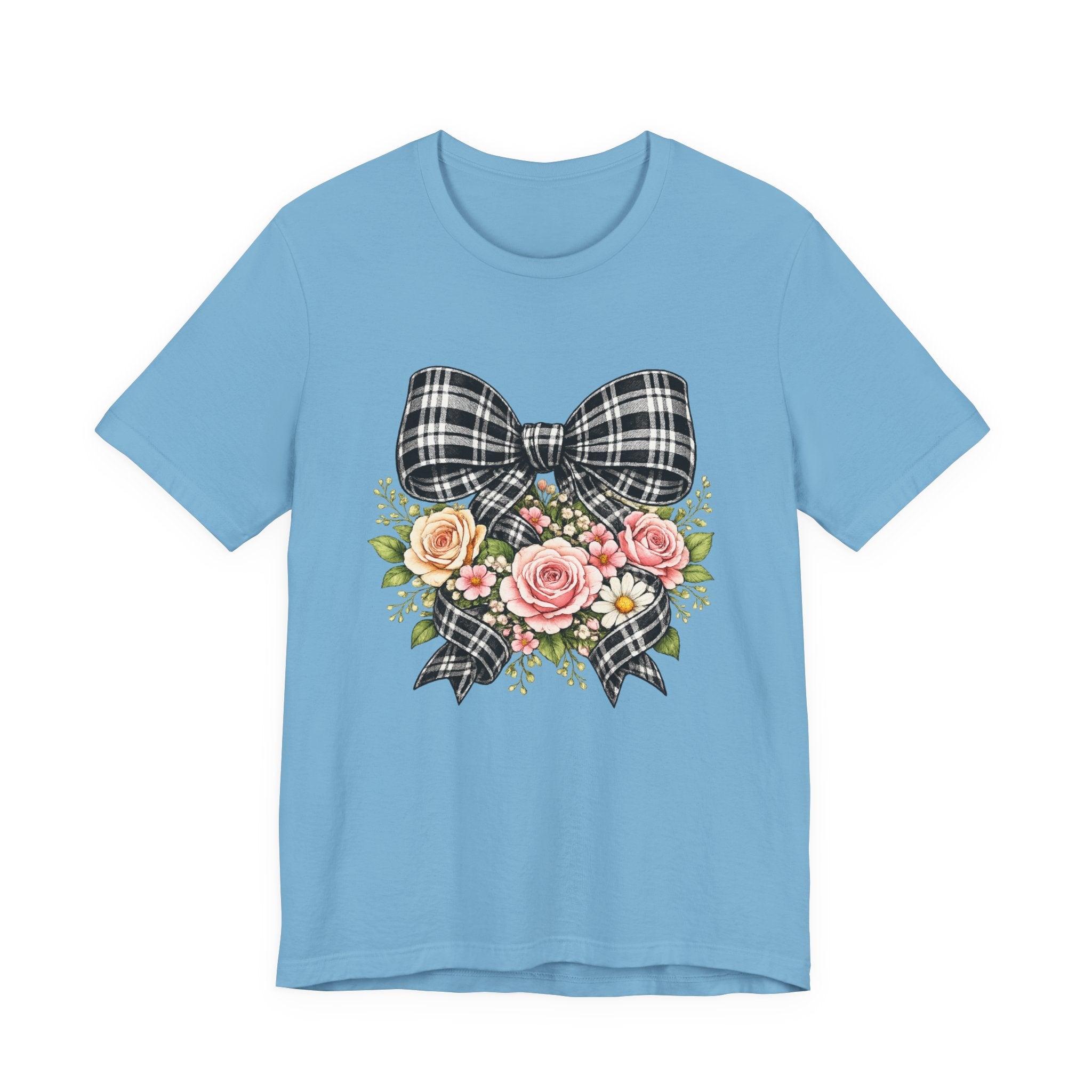 Floral Plaid Bow T‑Shirt — Vintage Rose Bouquet Graphic Tee