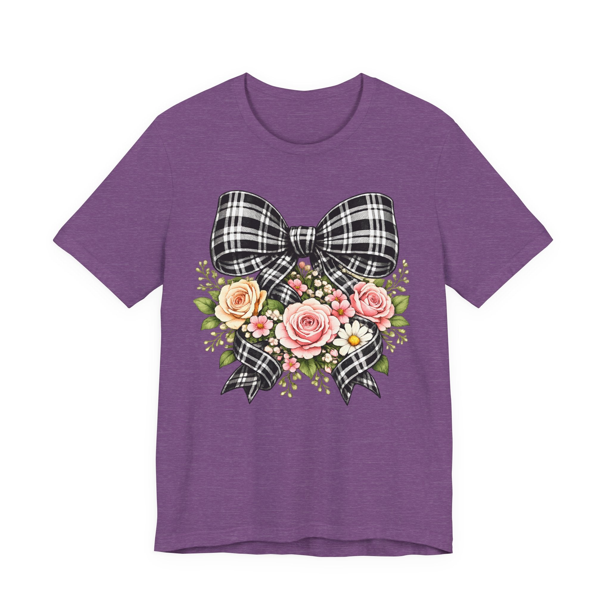 Floral Plaid Bow T‑Shirt — Vintage Rose Bouquet Graphic Tee