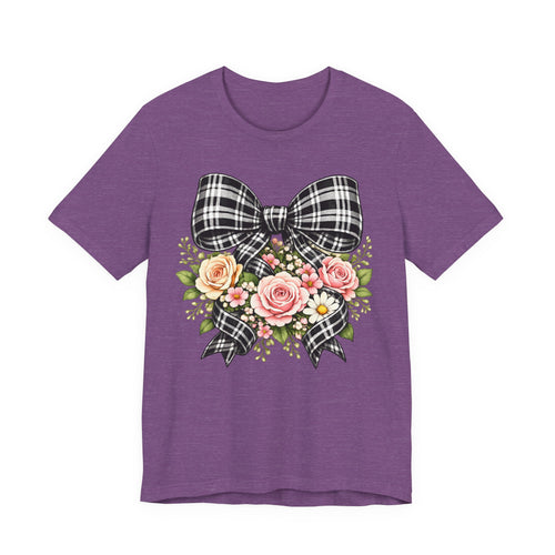 Floral Plaid Bow T‑Shirt — Vintage Rose Bouquet Graphic Tee