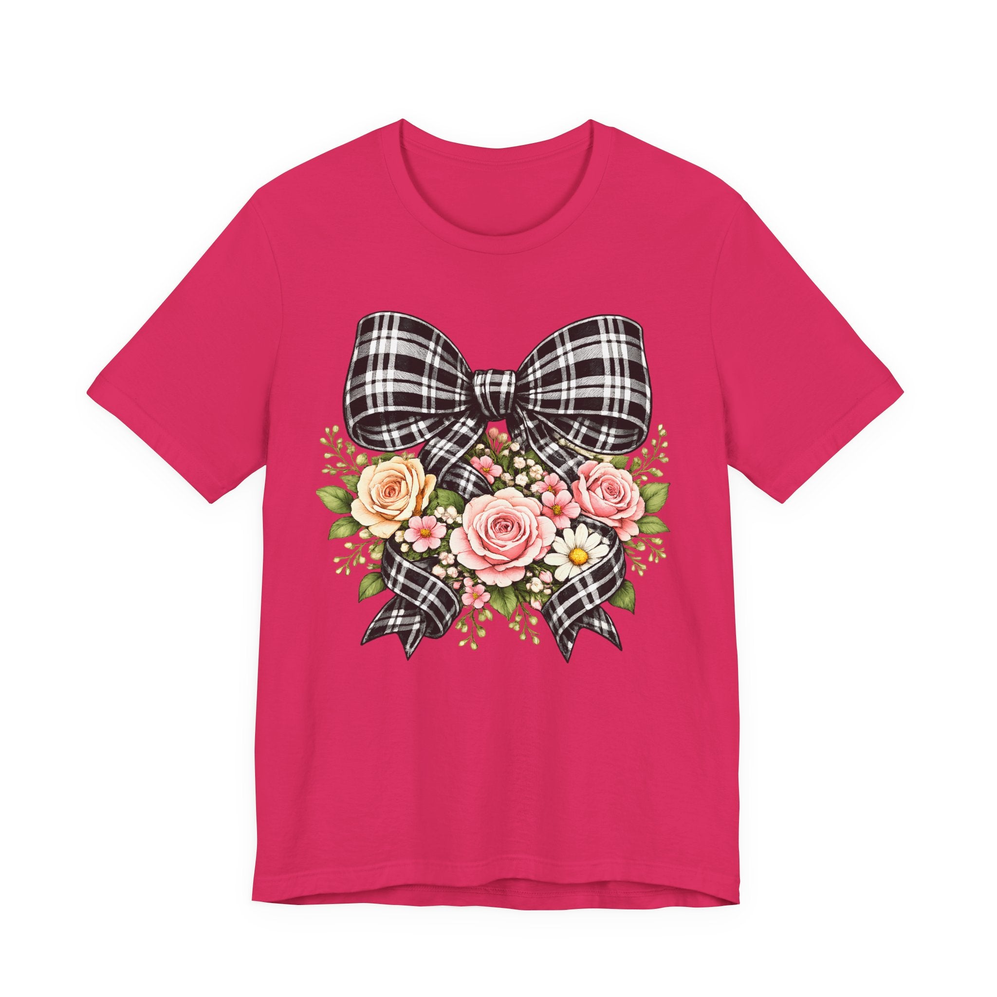 Floral Plaid Bow T‑Shirt — Vintage Rose Bouquet Graphic Tee