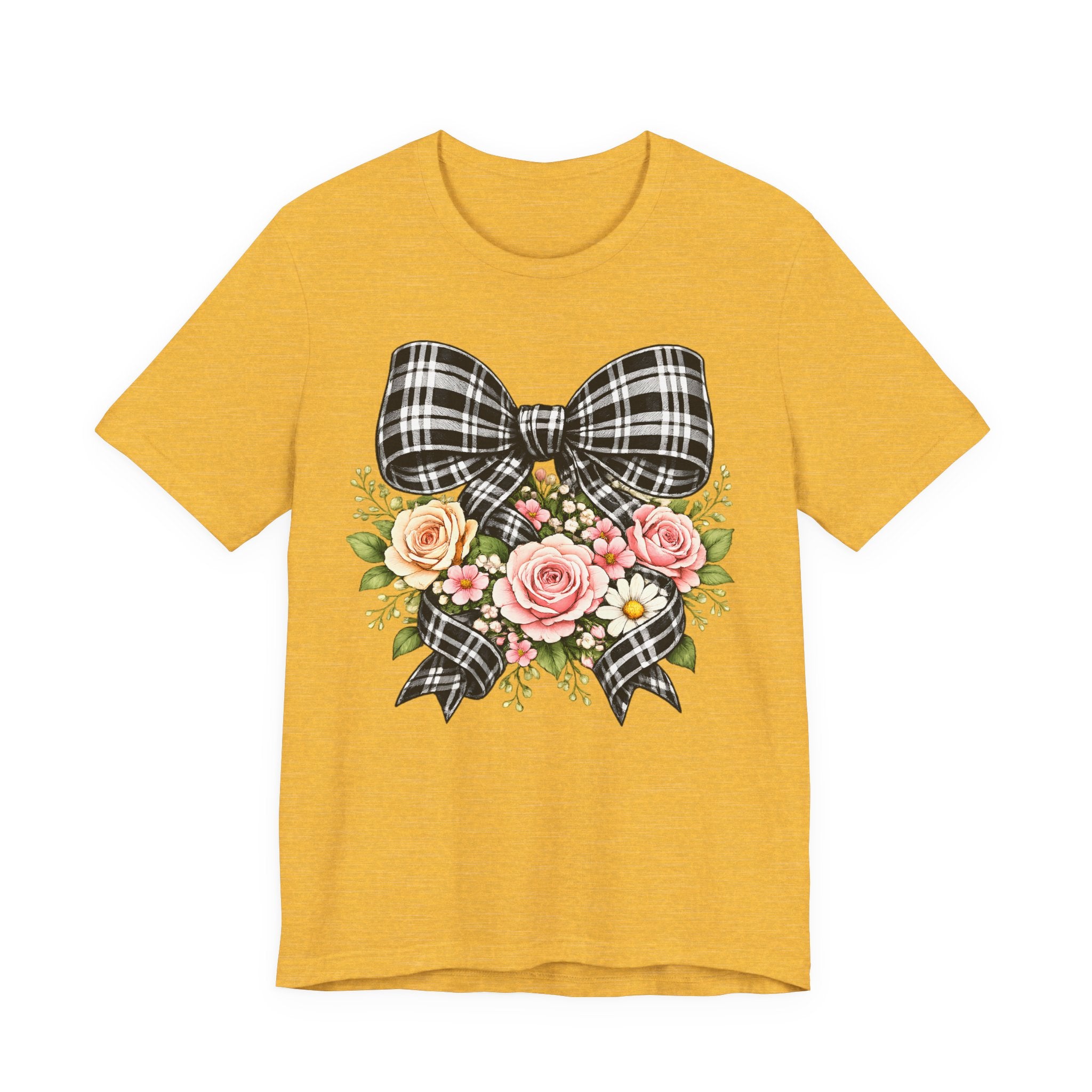 Floral Plaid Bow T‑Shirt — Vintage Rose Bouquet Graphic Tee