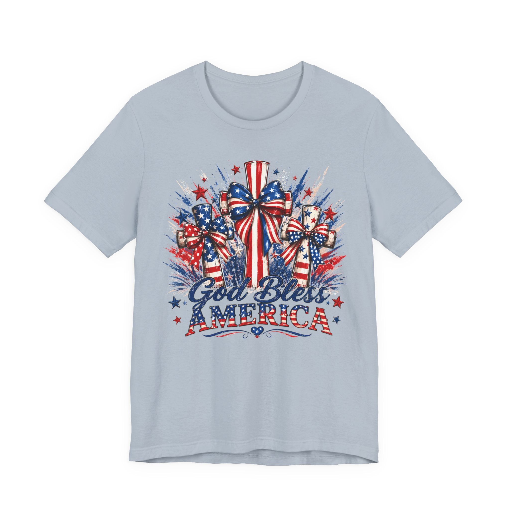God Bless America T-Shirt — Patriotic 4th of July Tee with Flag Bow Design