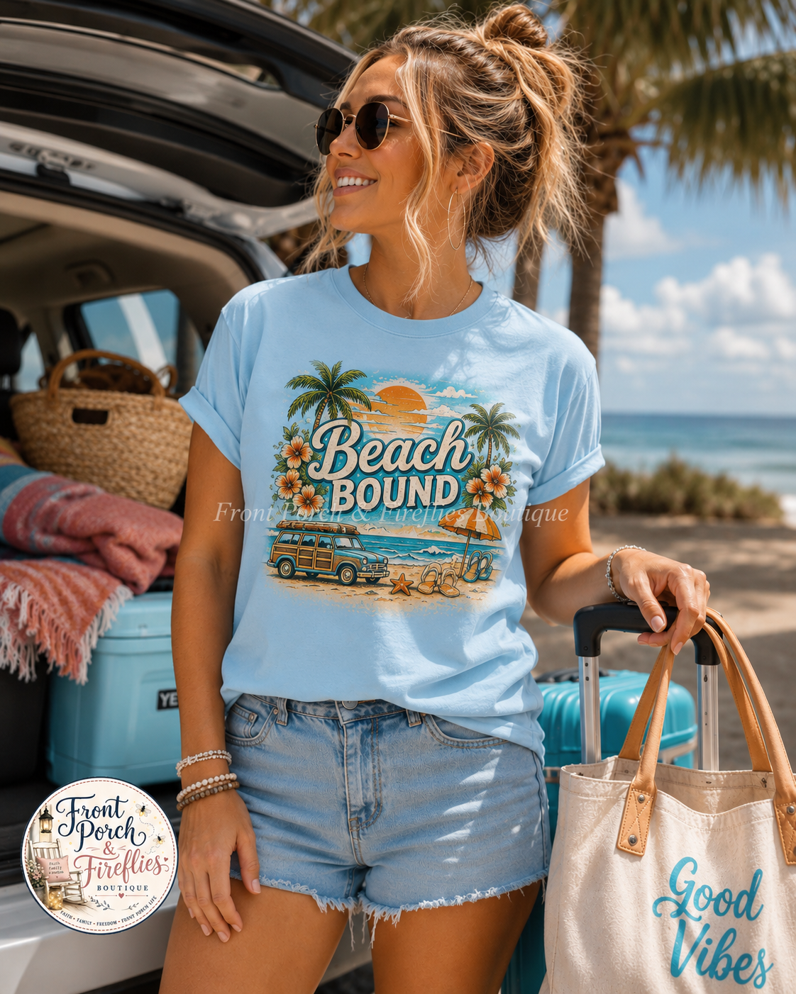 Beach Bound T-Shirt — Retro Surf Van & Palm Trees Tee