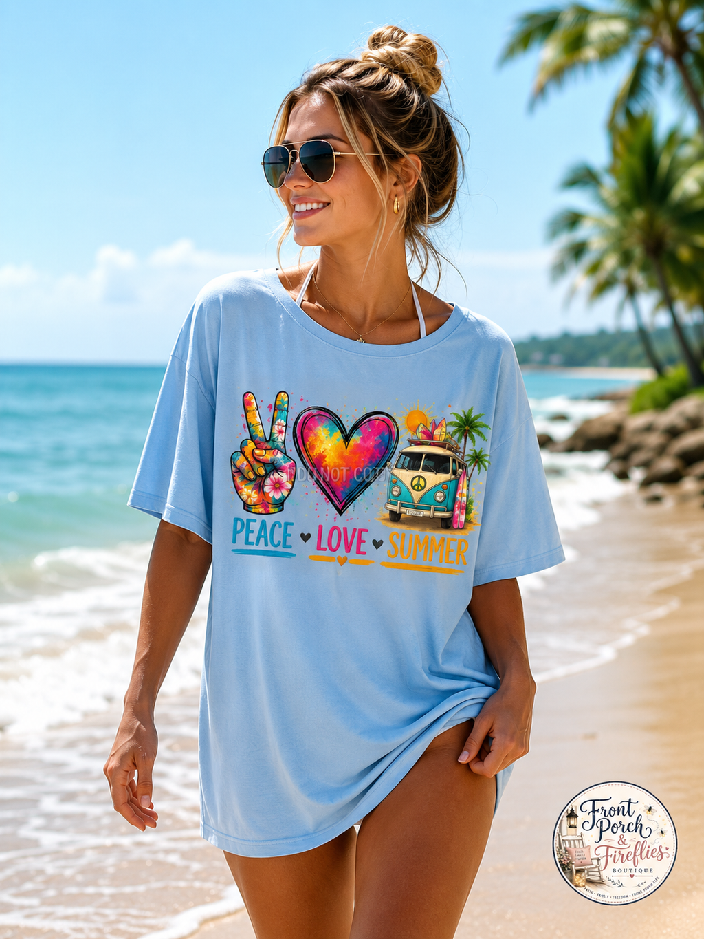 Peace • Love • Summer T-Shirt — Colorful Hippie Van & Peace Sign Tee