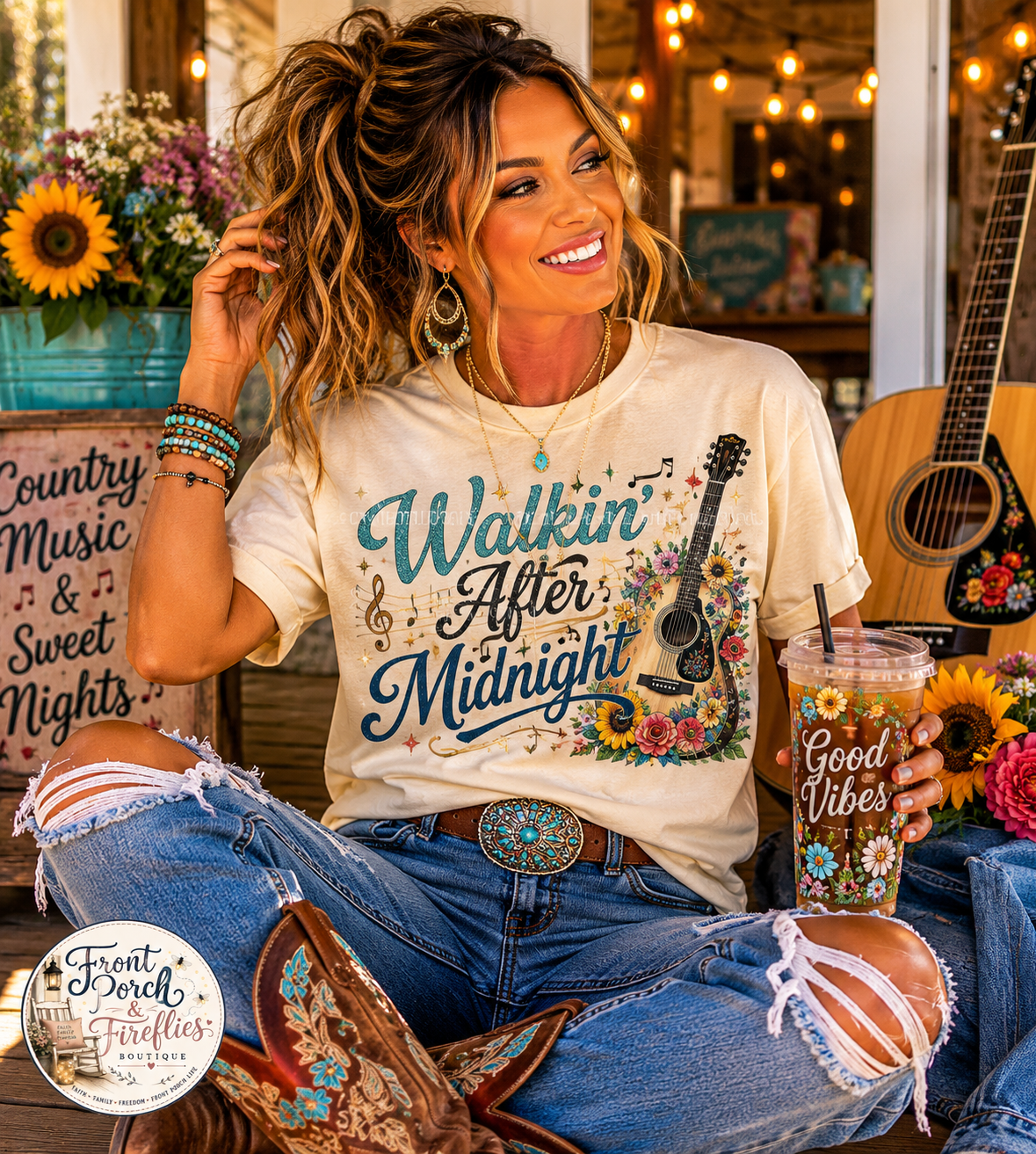 Walkin' After Midnight Guitar Graphic Tee — Vintage Country Music T-Shirt