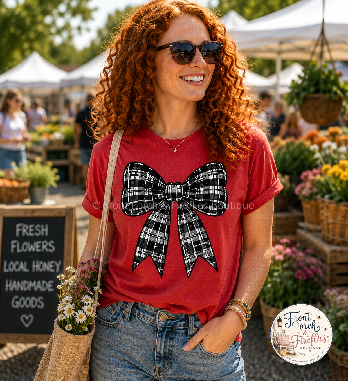 Plaid Bow Graphic Tee — Vintage Black & White Ribbon T-Shirt