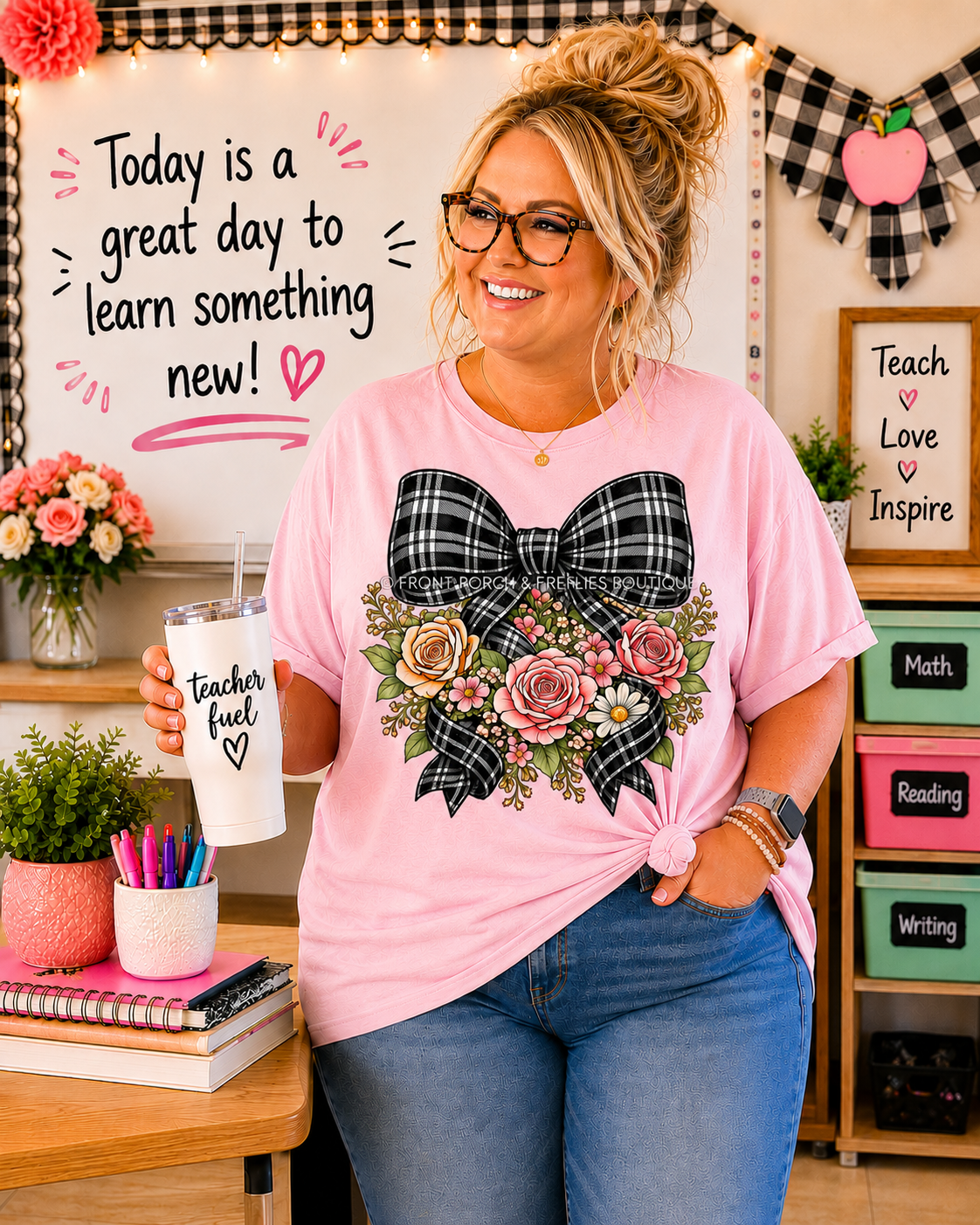 Floral Plaid Bow T‑Shirt — Vintage Rose Bouquet Graphic Tee
