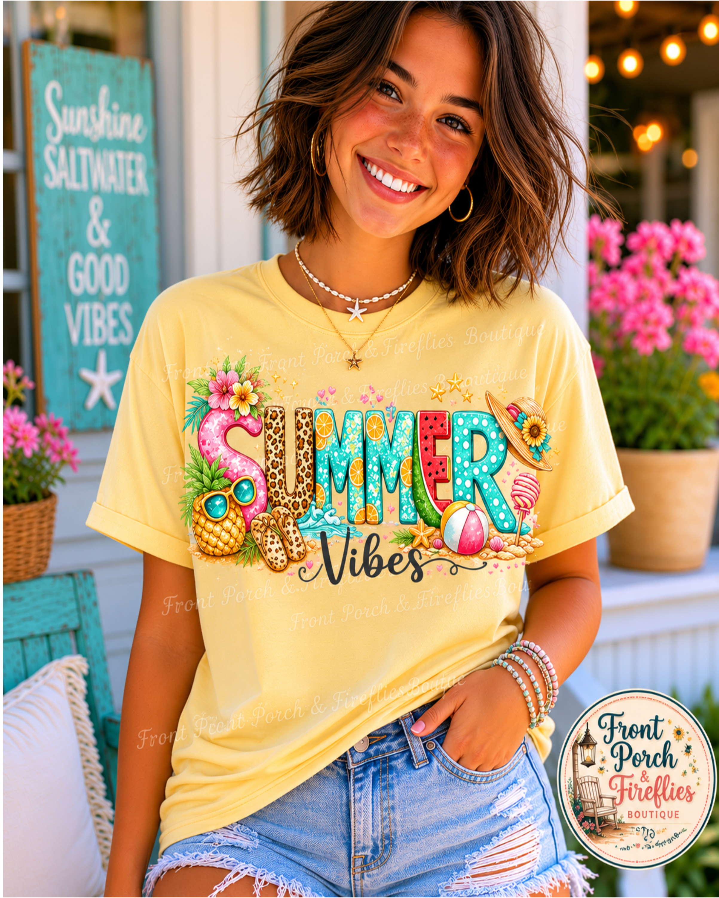 Summer Vibes Graphic Tee - 'Summer' Floral Beach Design