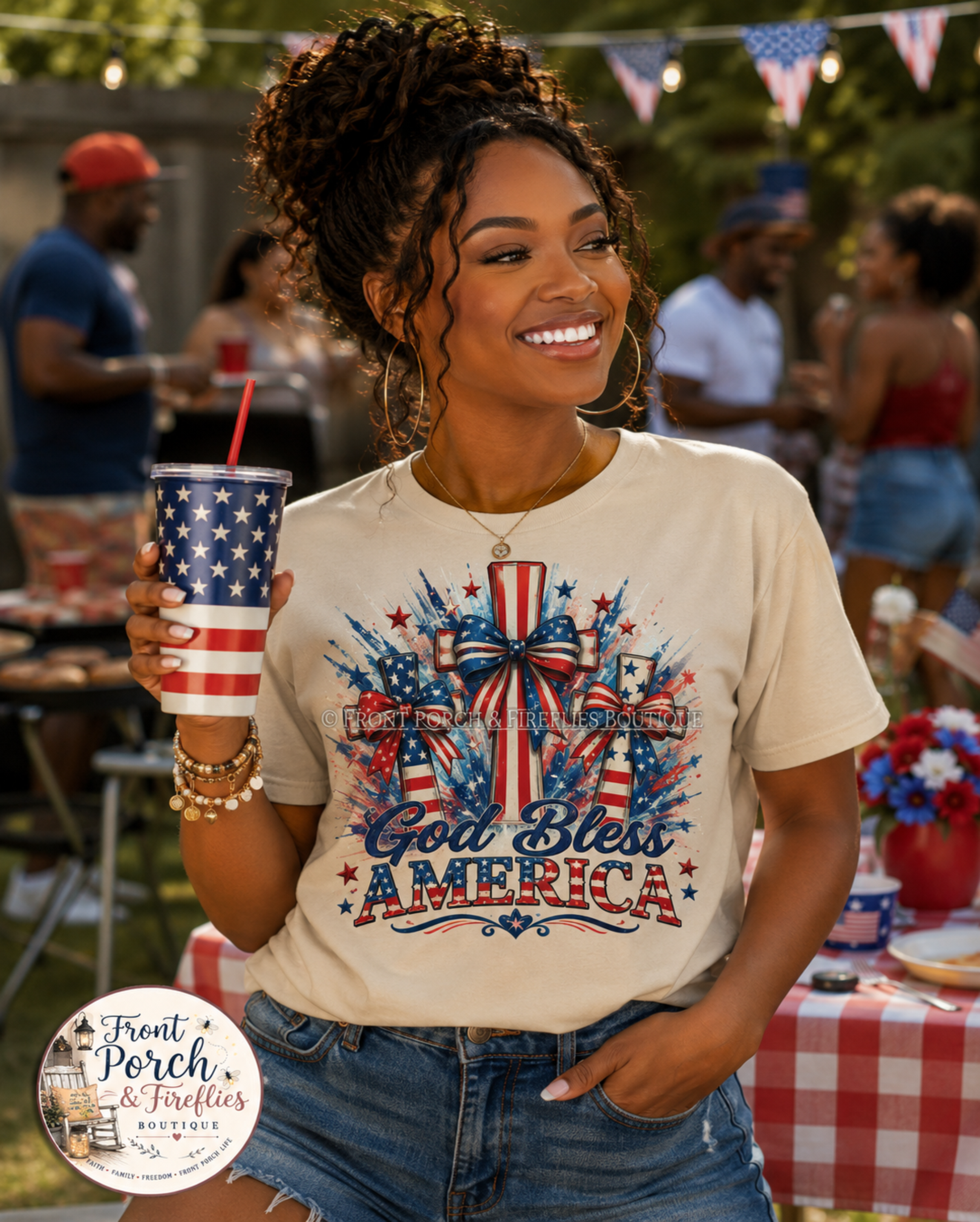 God Bless America T-Shirt — Patriotic 4th of July Tee with Flag Bow Design