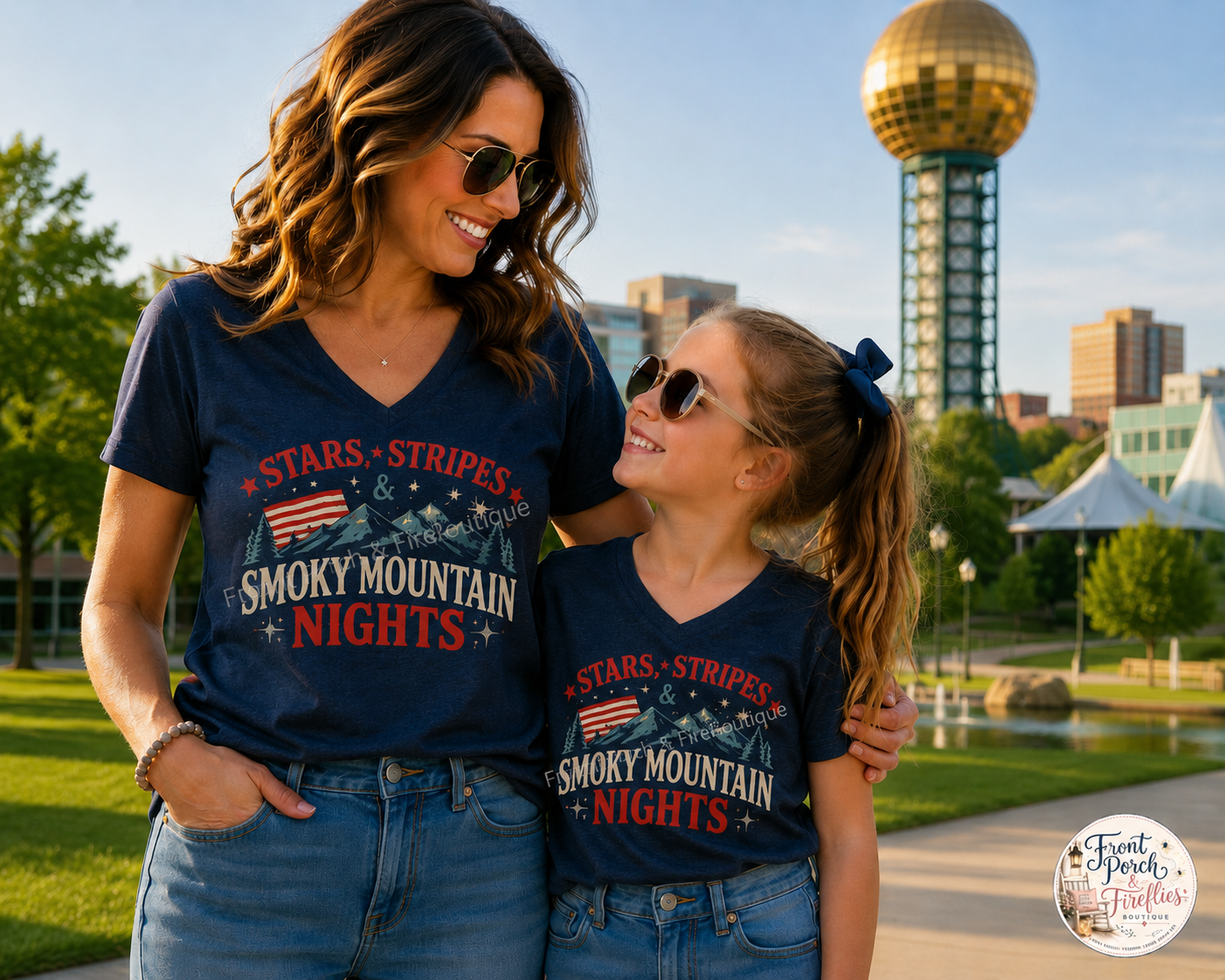 Smoky Mountain Nights V-Neck Tee — Stars, Stripes & Smoky Mountain Design