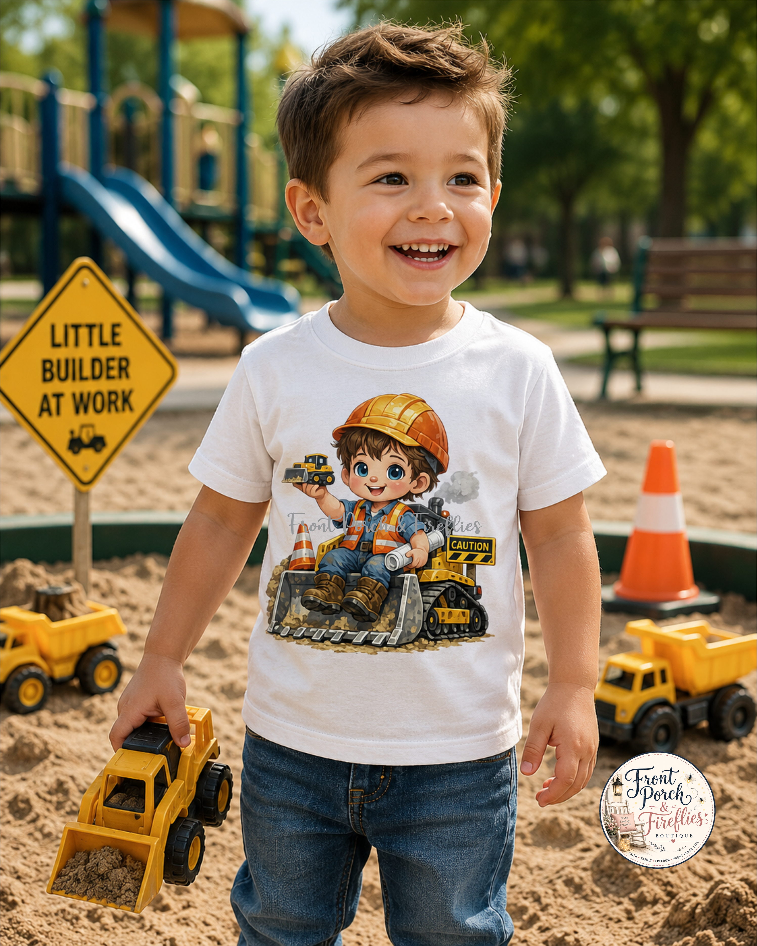 Construction Crew T-Shirt — Cute Kid Bulldozer & Hard Hat Design