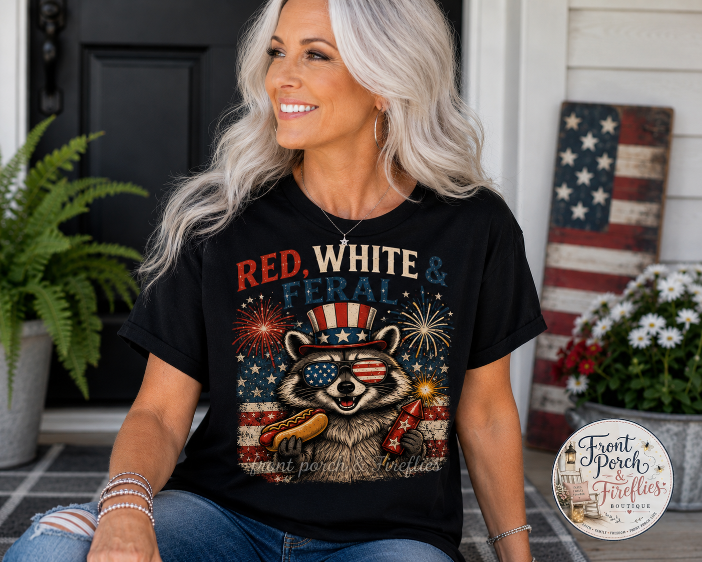 Red, White & Feral Tee — Patriotic Raccoon 4th of July T-Shirt