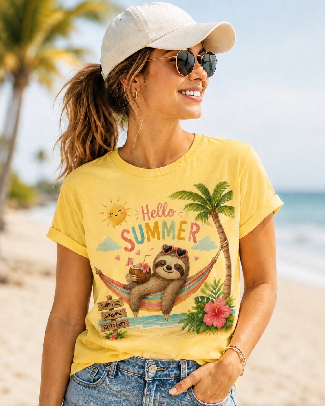 Hello Summer Sloth T-Shirt — Cute Tropical Beach Tee