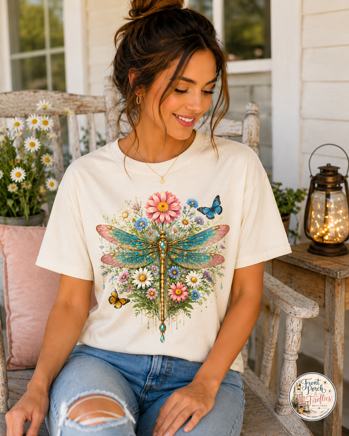 Dragonfly Floral Tee — Vintage Botanical Dragonfly T-Shirt