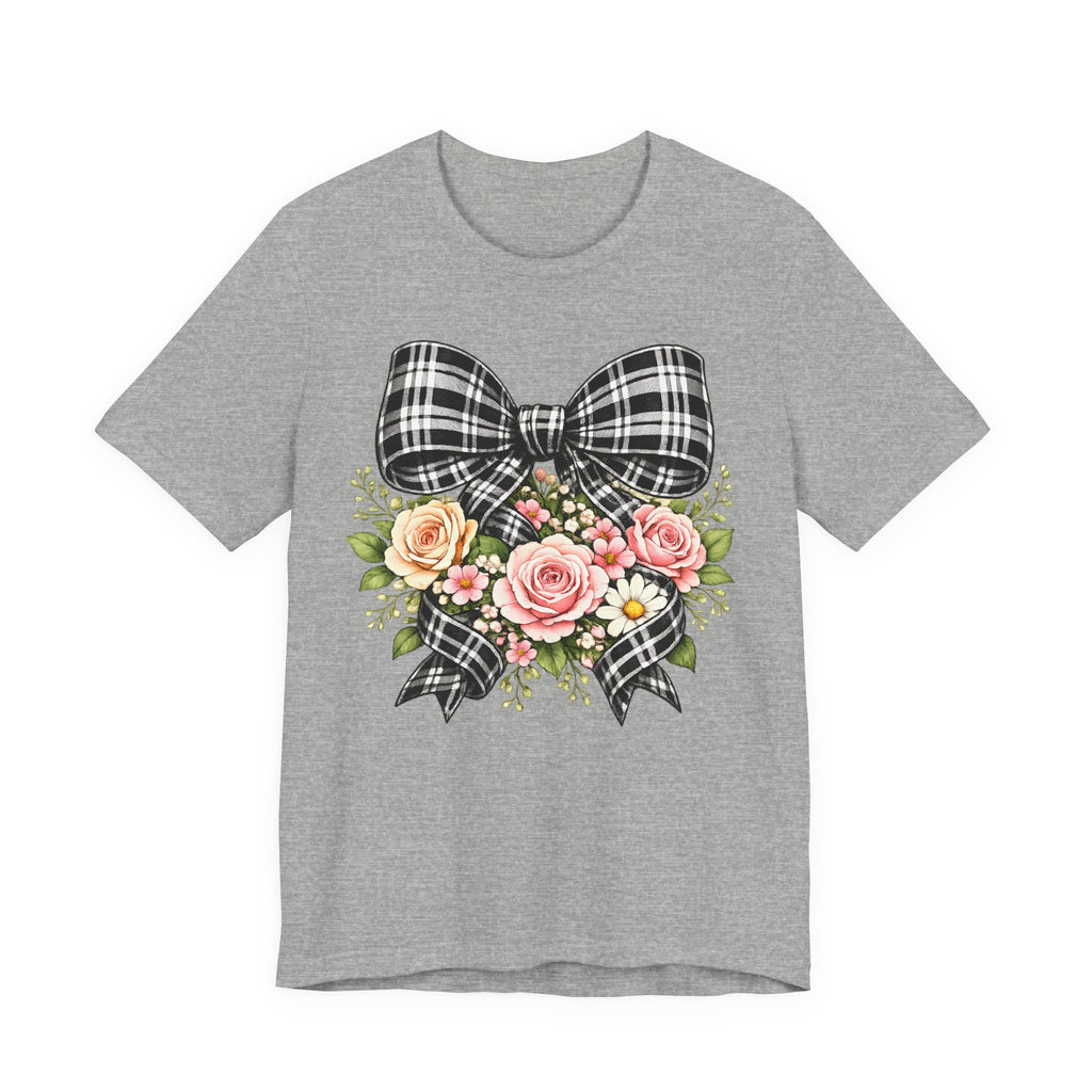 Floral Plaid Bow T‑Shirt — Vintage Rose Bouquet Graphic Tee