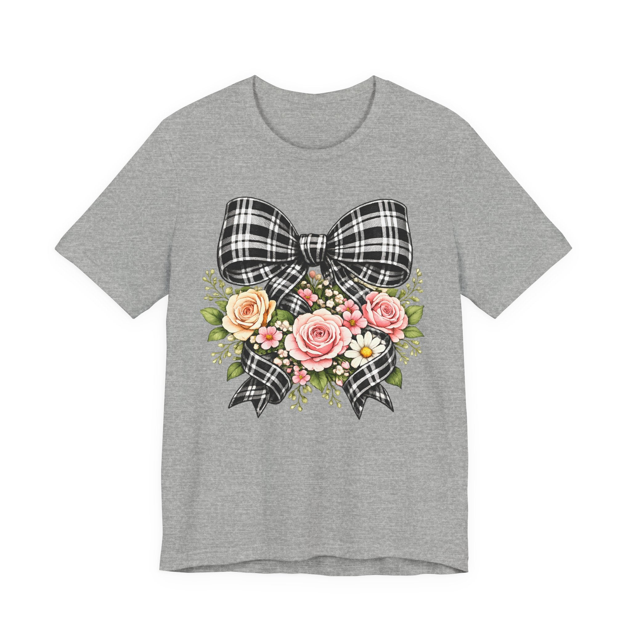 Floral Plaid Bow T‑Shirt — Vintage Rose Bouquet Graphic Tee