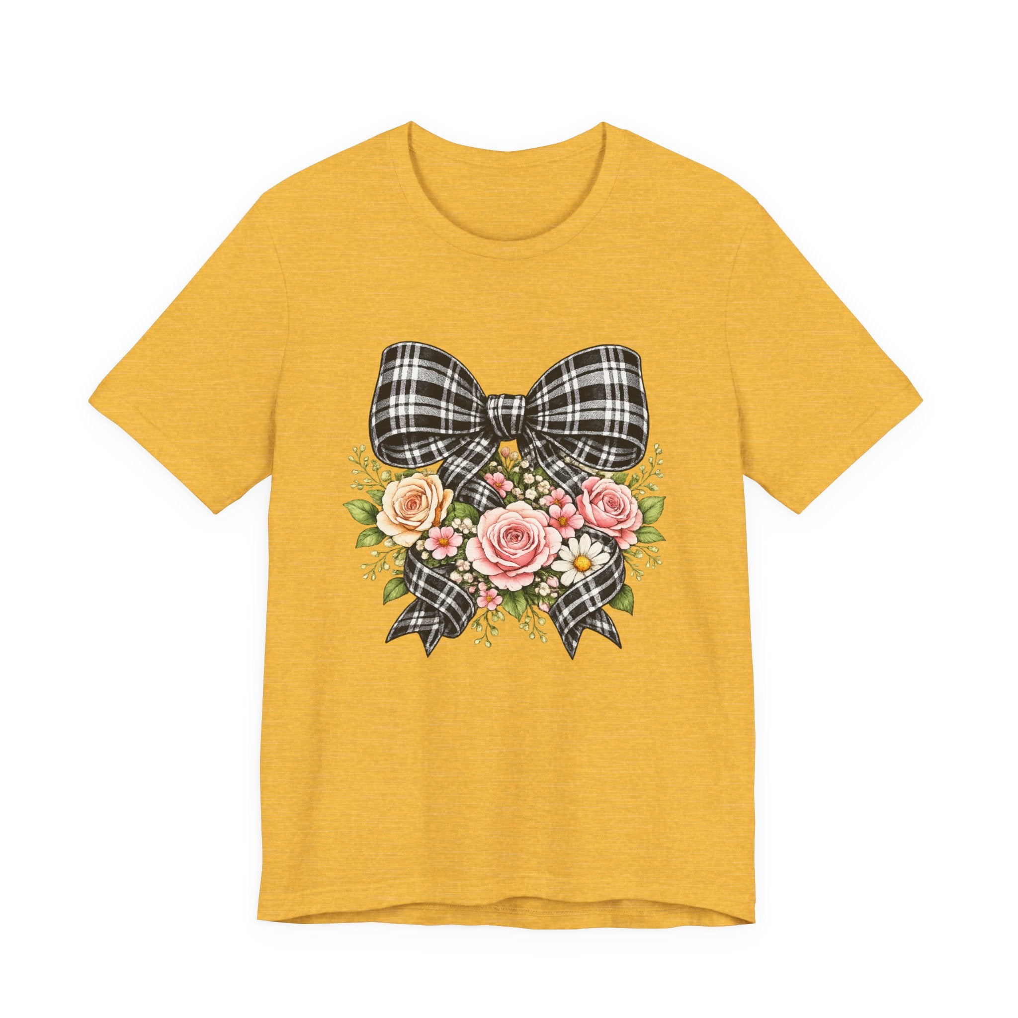 Floral Plaid Bow T‑Shirt — Vintage Rose Bouquet Graphic Tee