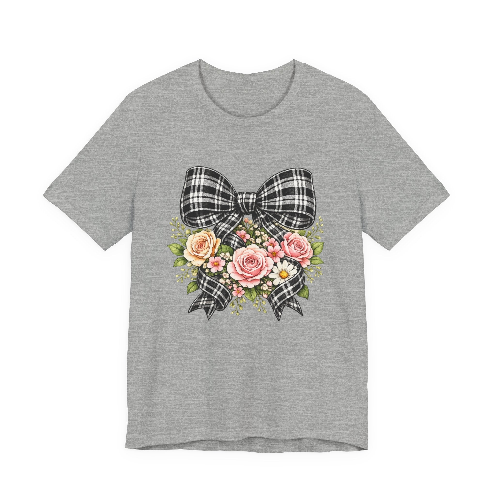 Floral Plaid Bow T‑Shirt — Vintage Rose Bouquet Graphic Tee