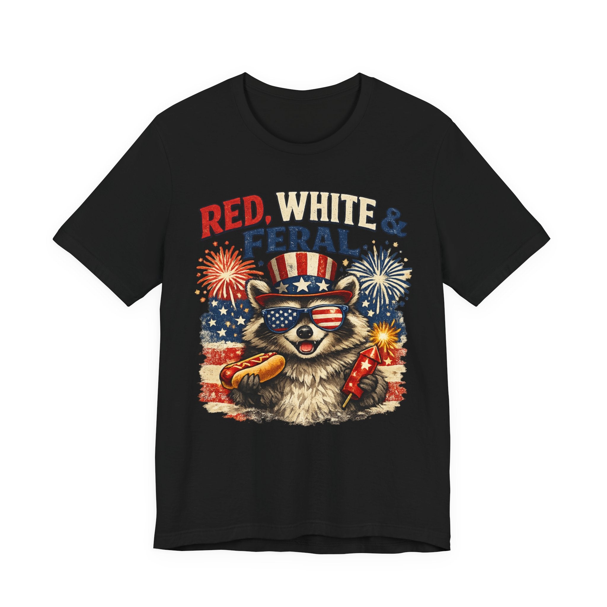 Red, White & Feral Tee — Patriotic Raccoon 4th of July T-Shirt