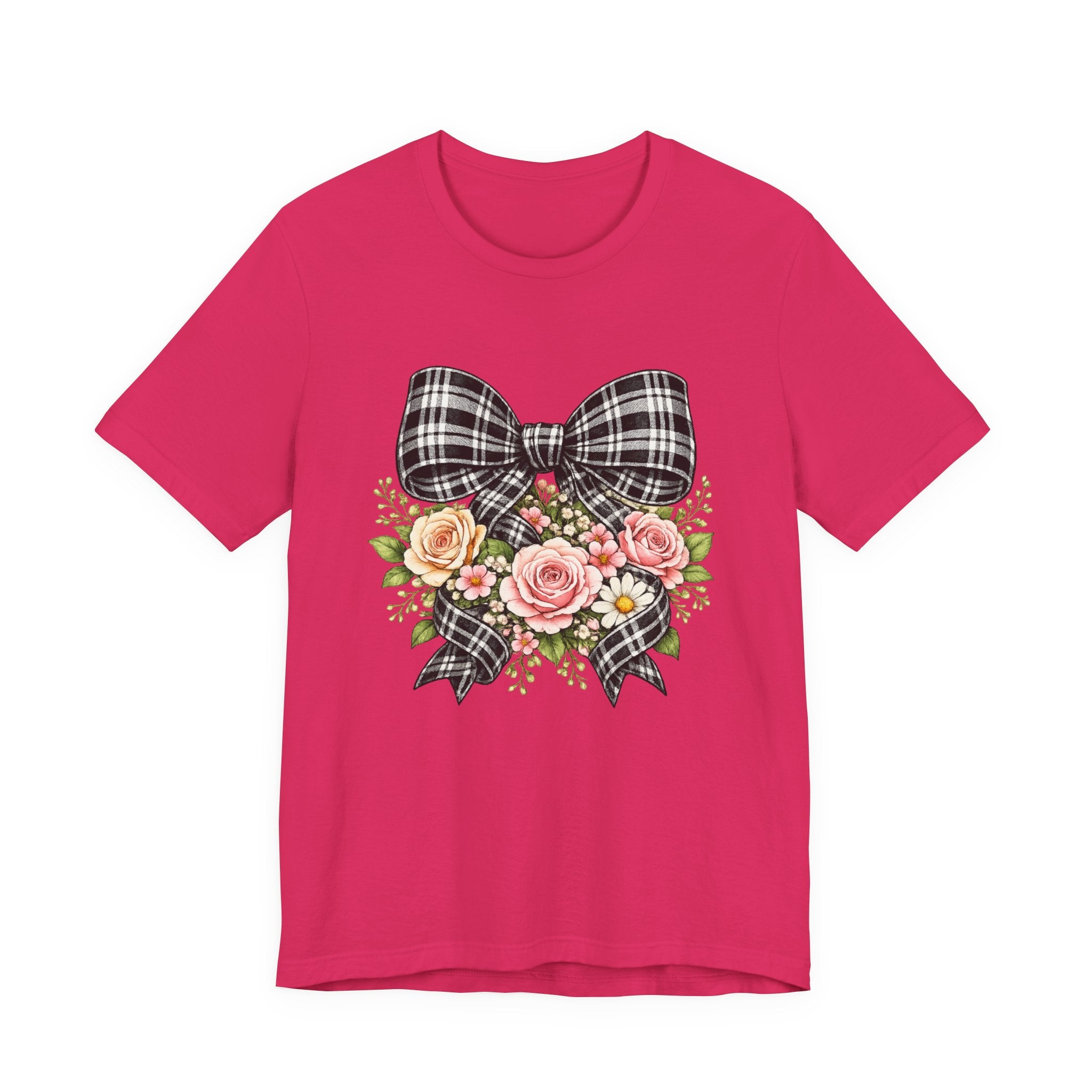 Floral Plaid Bow T‑Shirt — Vintage Rose Bouquet Graphic Tee