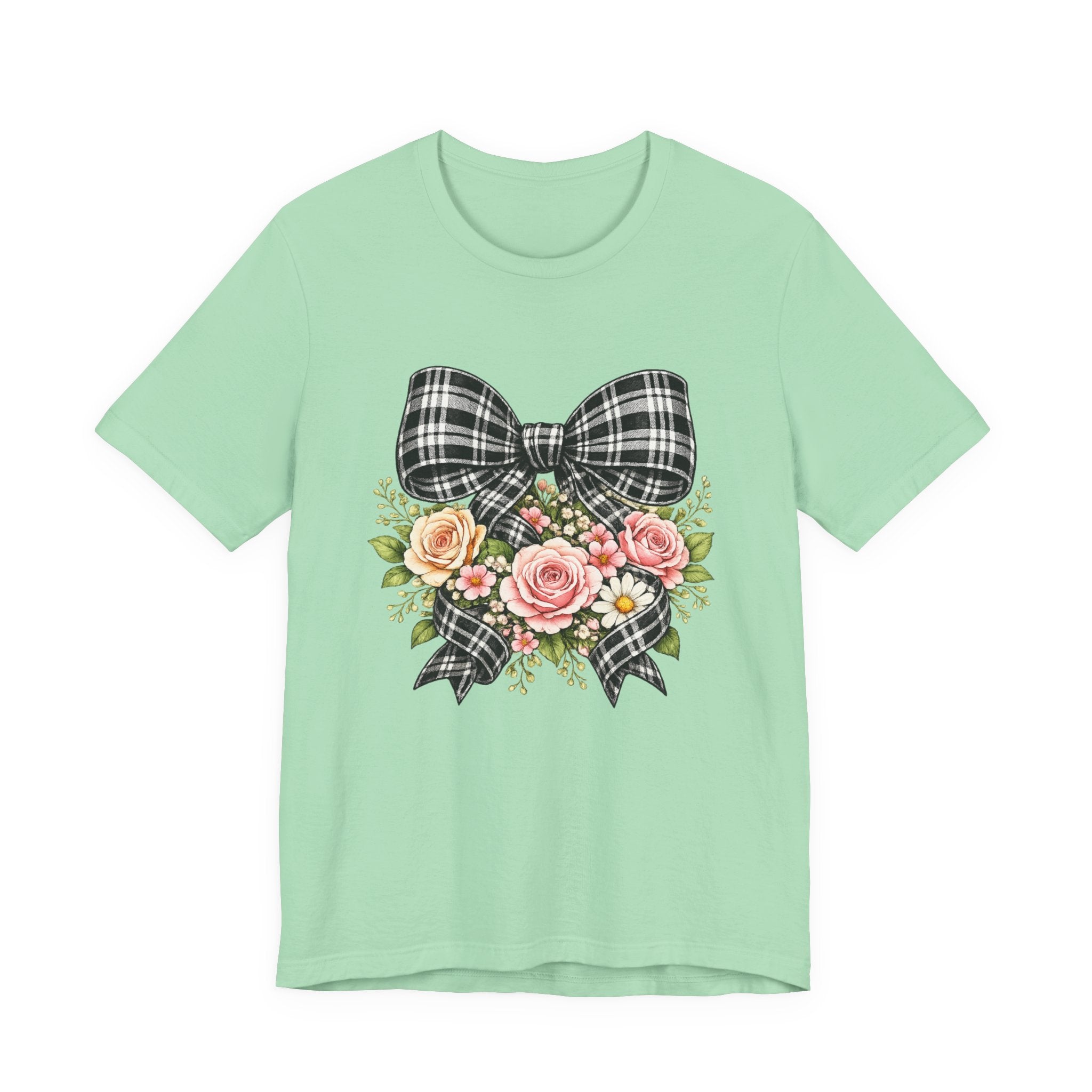 Floral Plaid Bow T‑Shirt — Vintage Rose Bouquet Graphic Tee