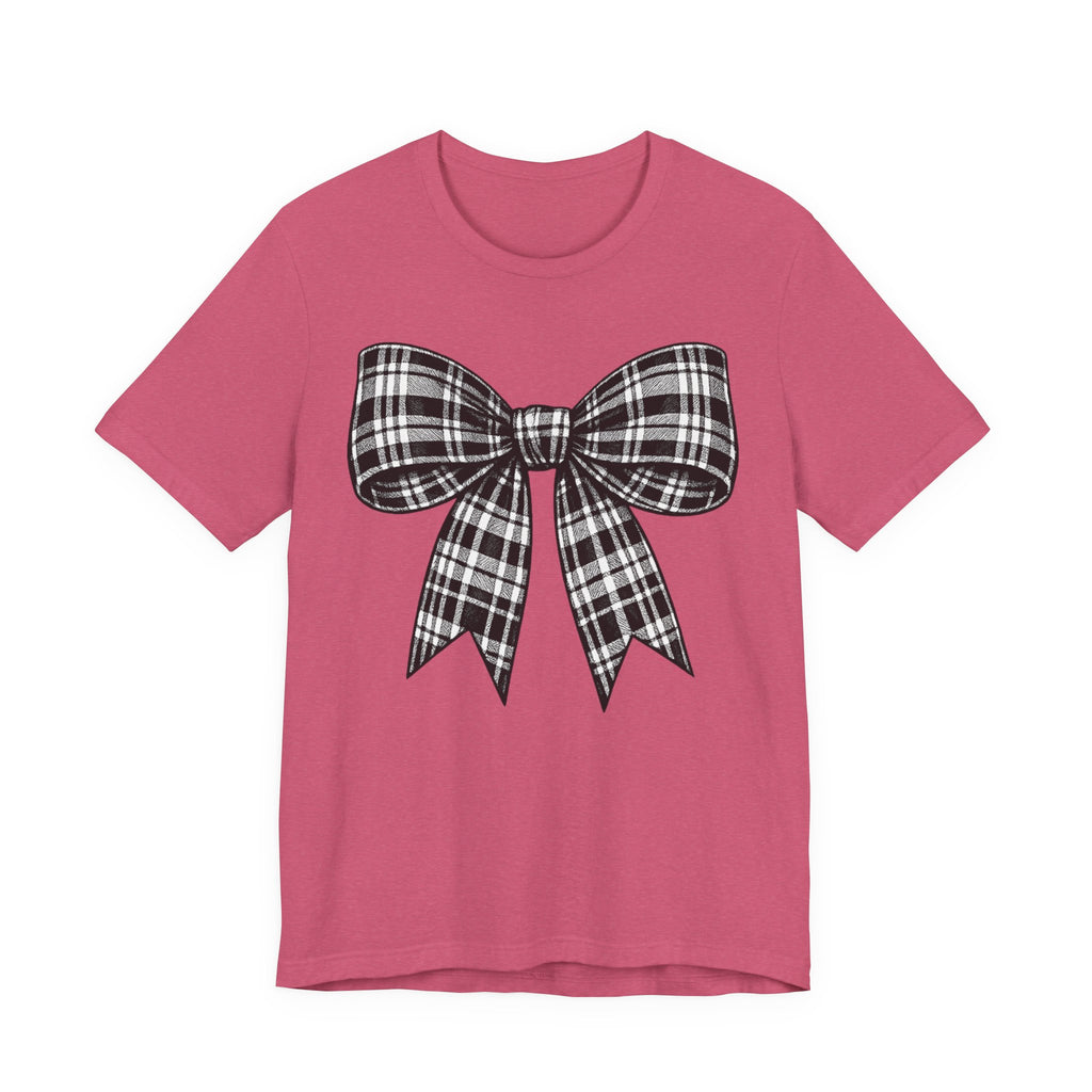 Plaid Bow Graphic Tee — Vintage Black & White Ribbon T-Shirt
